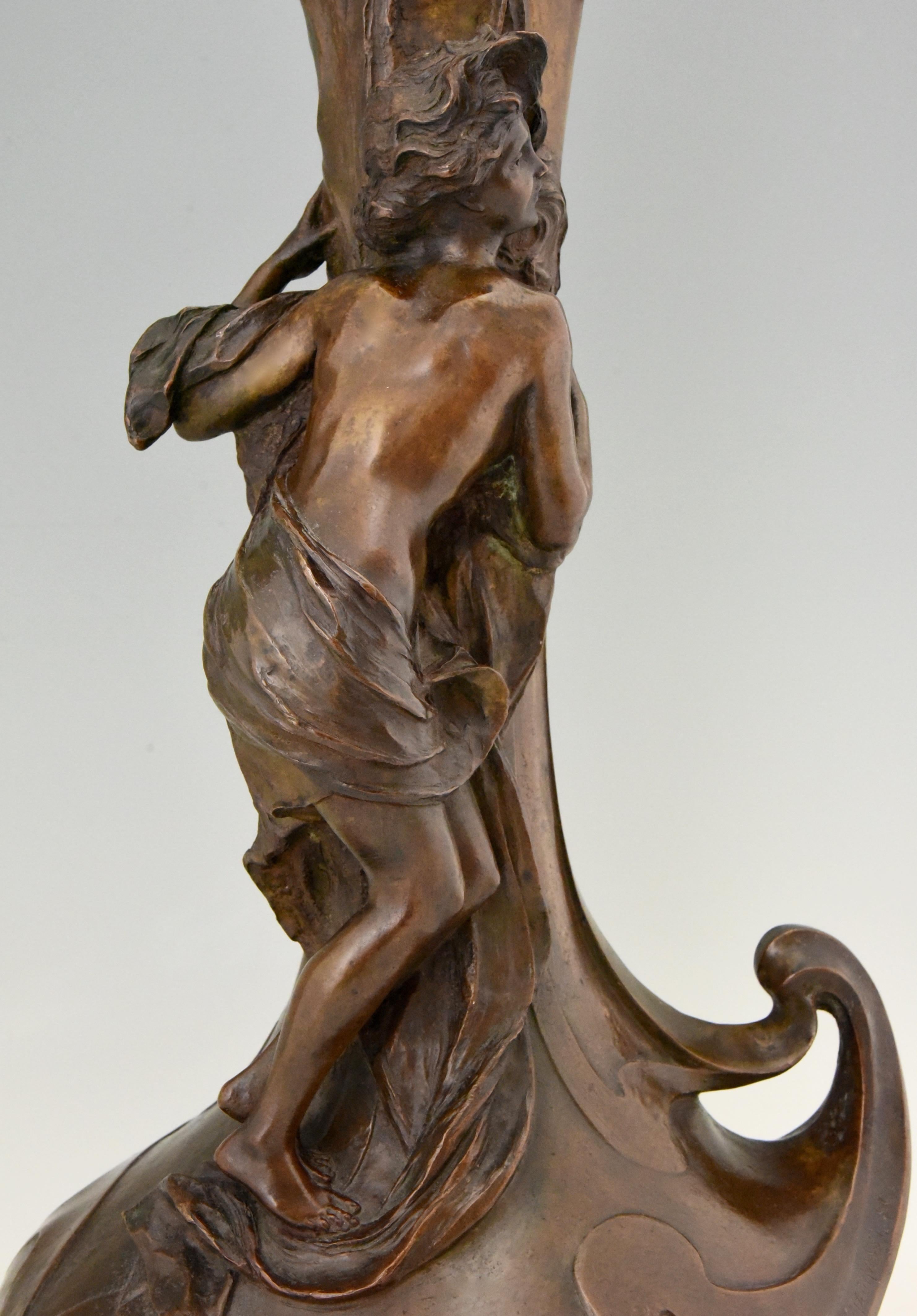 20th Century Tall Art Nouveau Bronze Vase Lady at a Fountain Lucas Madrassi, France, 1900
