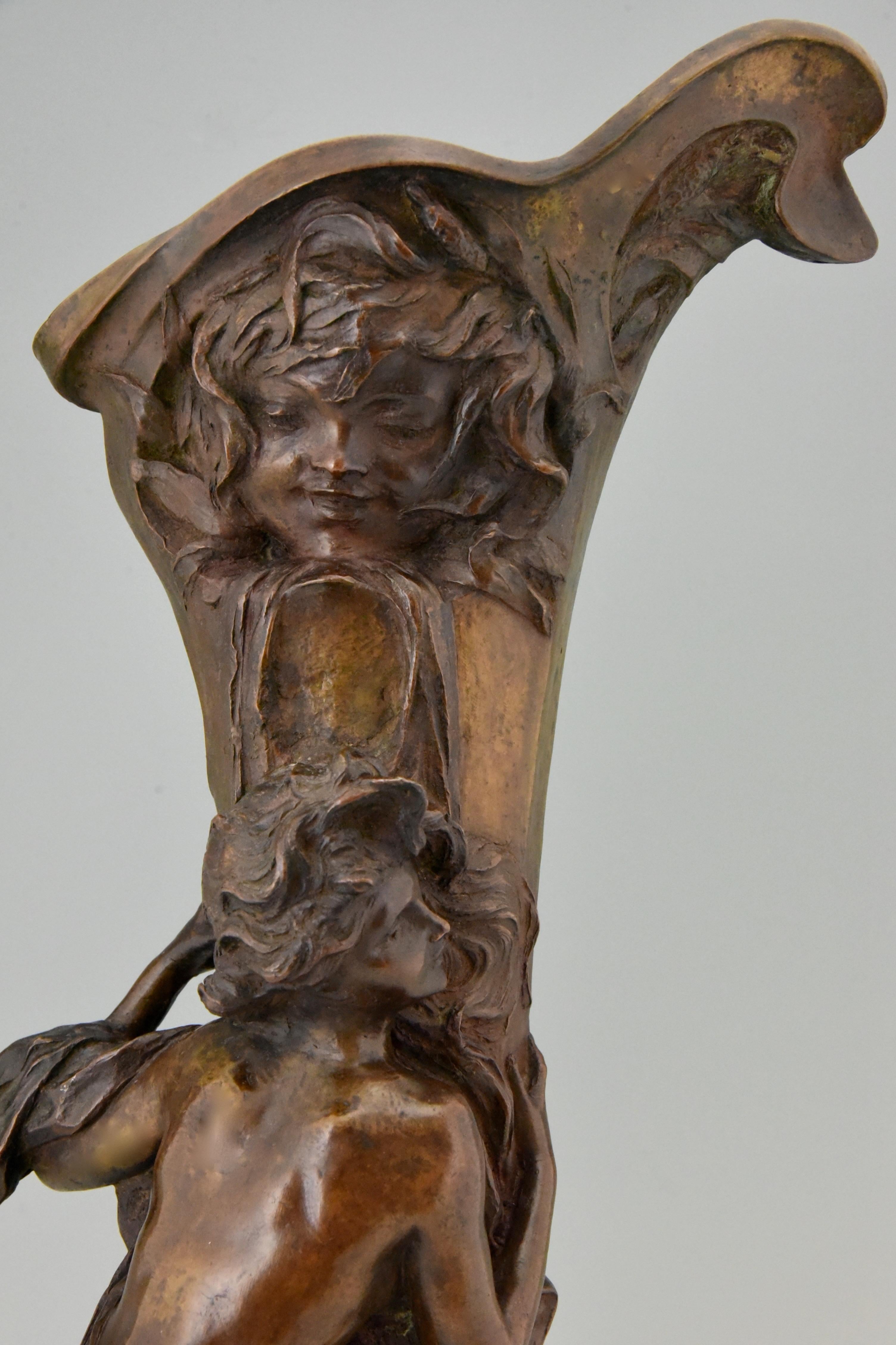 Tall Art Nouveau Bronze Vase Lady at a Fountain Lucas Madrassi, France, 1900 1