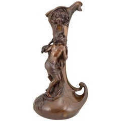 Tall Art Nouveau Bronze Vase Lady at a Fountain Lucas Madrassi, France, 1900