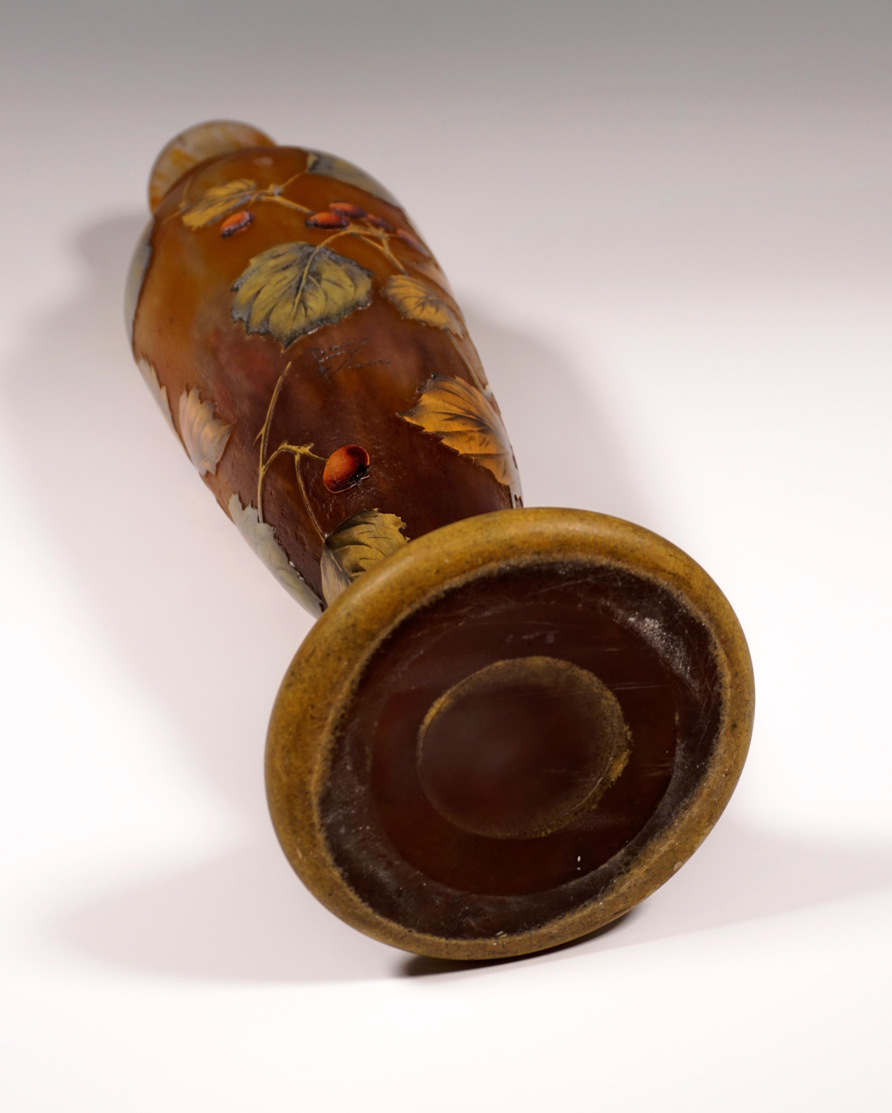 Glass Tall Art Nouveau Cameo Vase with Rose Hip Decor, Daum Nancy, France, 1910/15