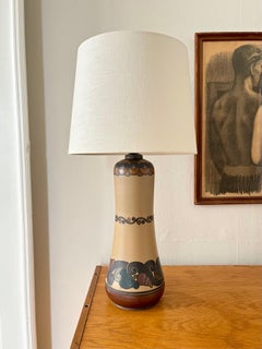Hohe Jugendstil-Keramik-Tischlampe, handbemalt von L. Hjorth, Dänemark, 1930er Jahre