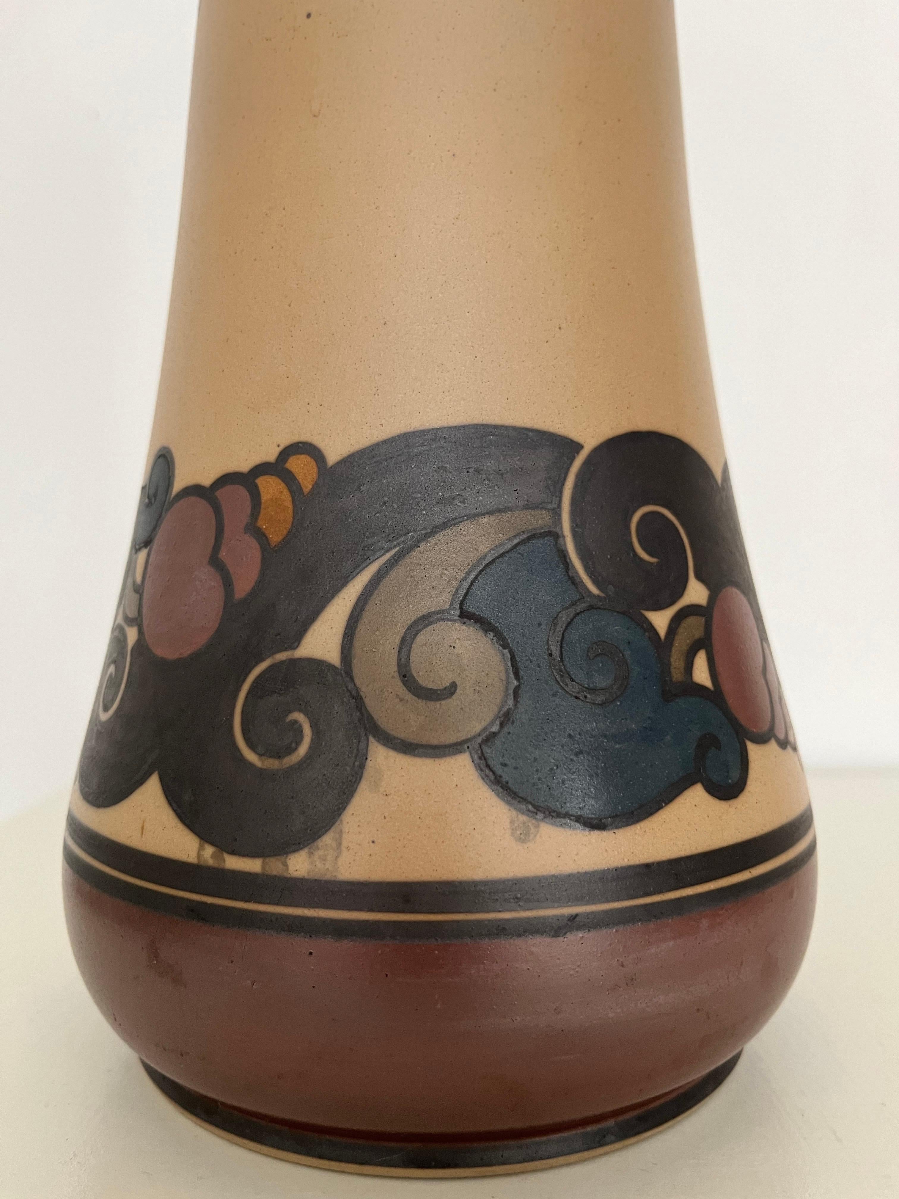 Milieu du XXe siècle Grande lampe de table en céramique Art Nouveau décorée à la main par L. Hjorth, Danemark, années 1930 en vente