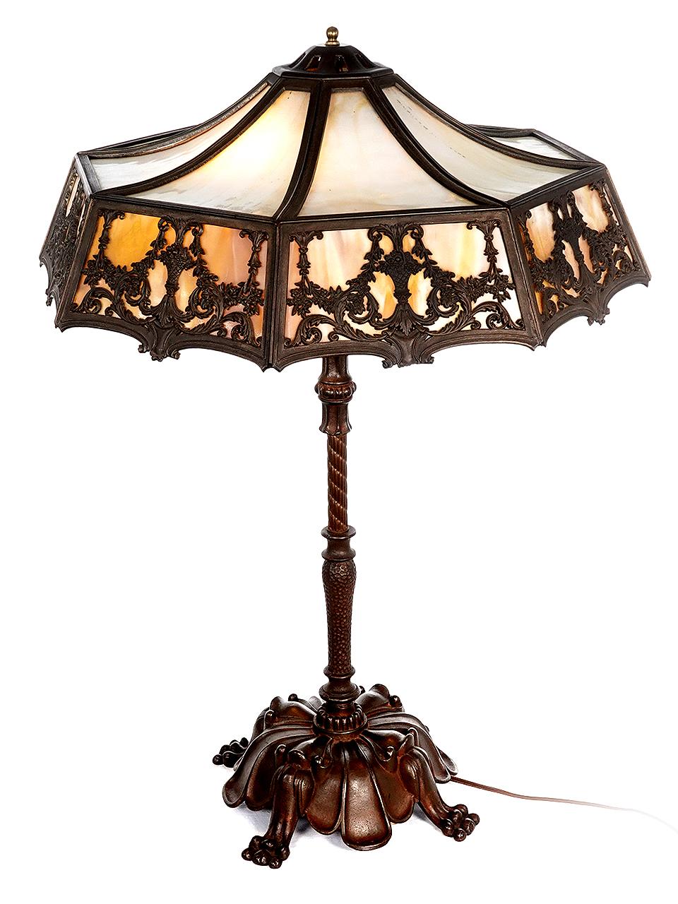 Tall Art Nouveau Table Lamp with Floral Filigree Panels In Good Condition In Peekskill, NY