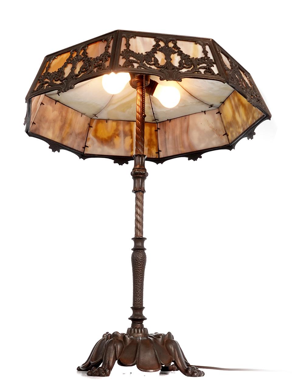 Glass Tall Art Nouveau Table Lamp with Floral Filigree Panels