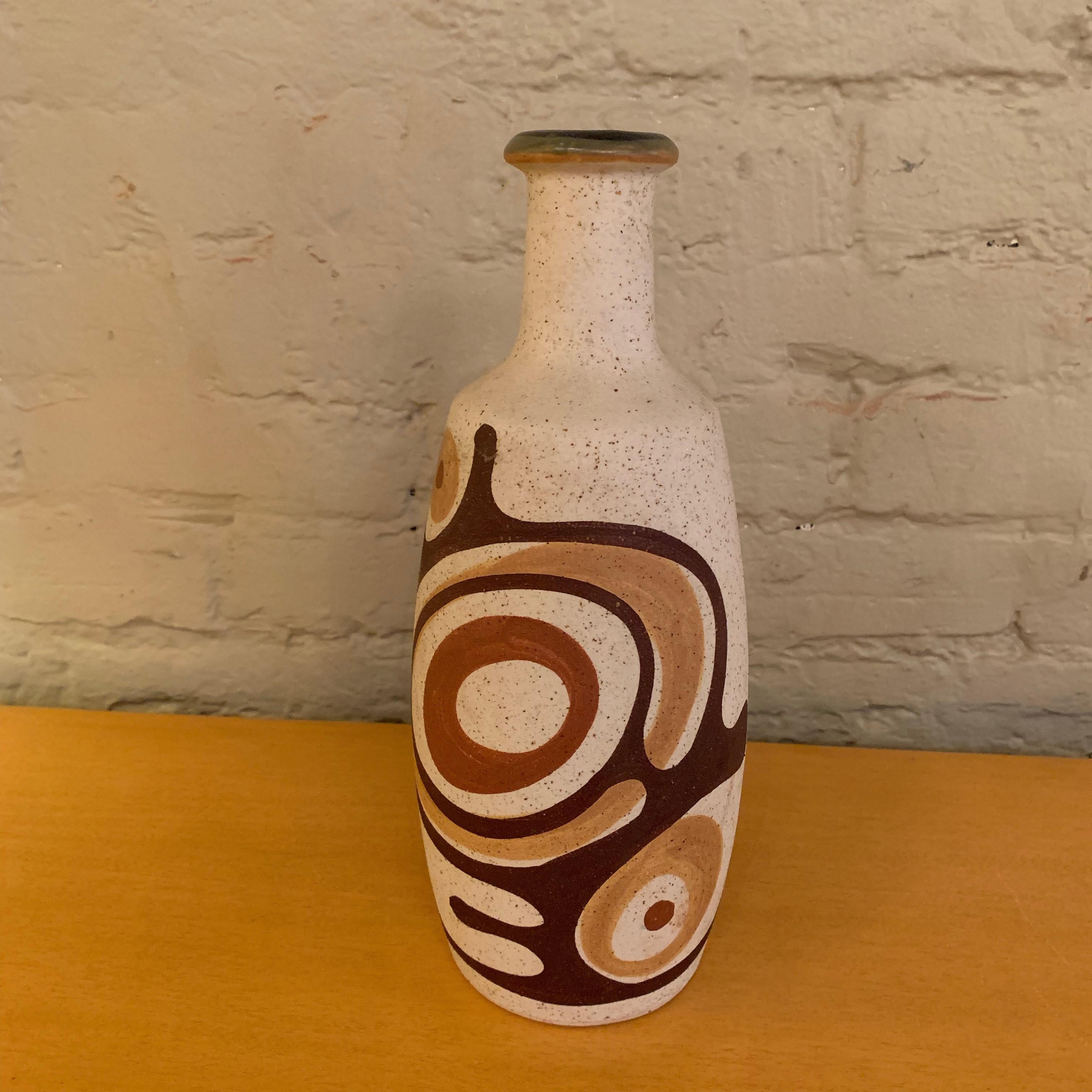 Tall, Mid-Century Modern, signed, studio, art pottery vase by Lapid, Tel Aviv Israel features a hand painted, abstract design.