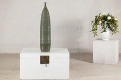 Tall Artisan Ceramic Hand-Crafted Vase with Ribbed Body and Green Glaze