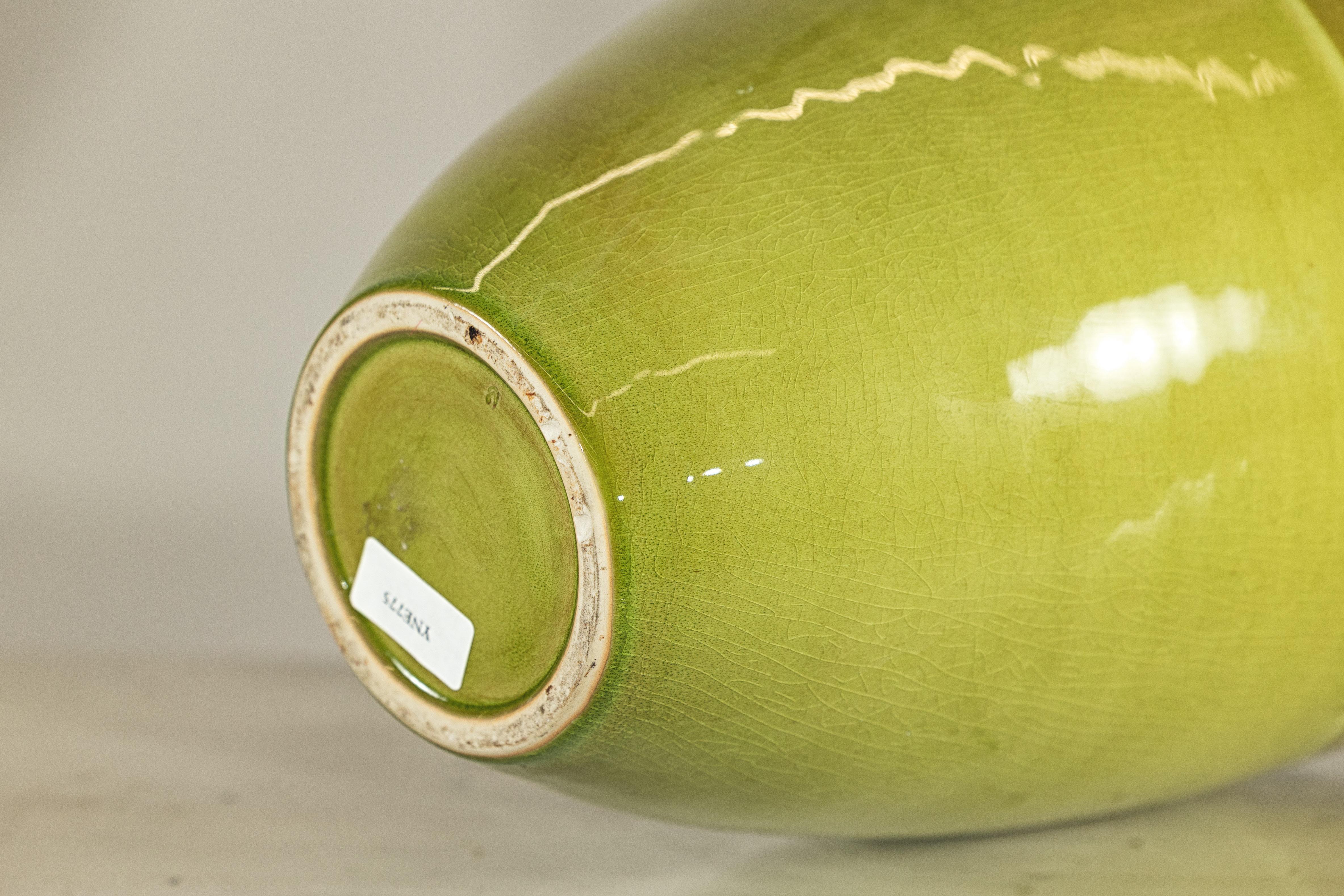 Tall Artisan Ceramic Vase in Dripped Brown and Chartreuse Glaze For Sale 6
