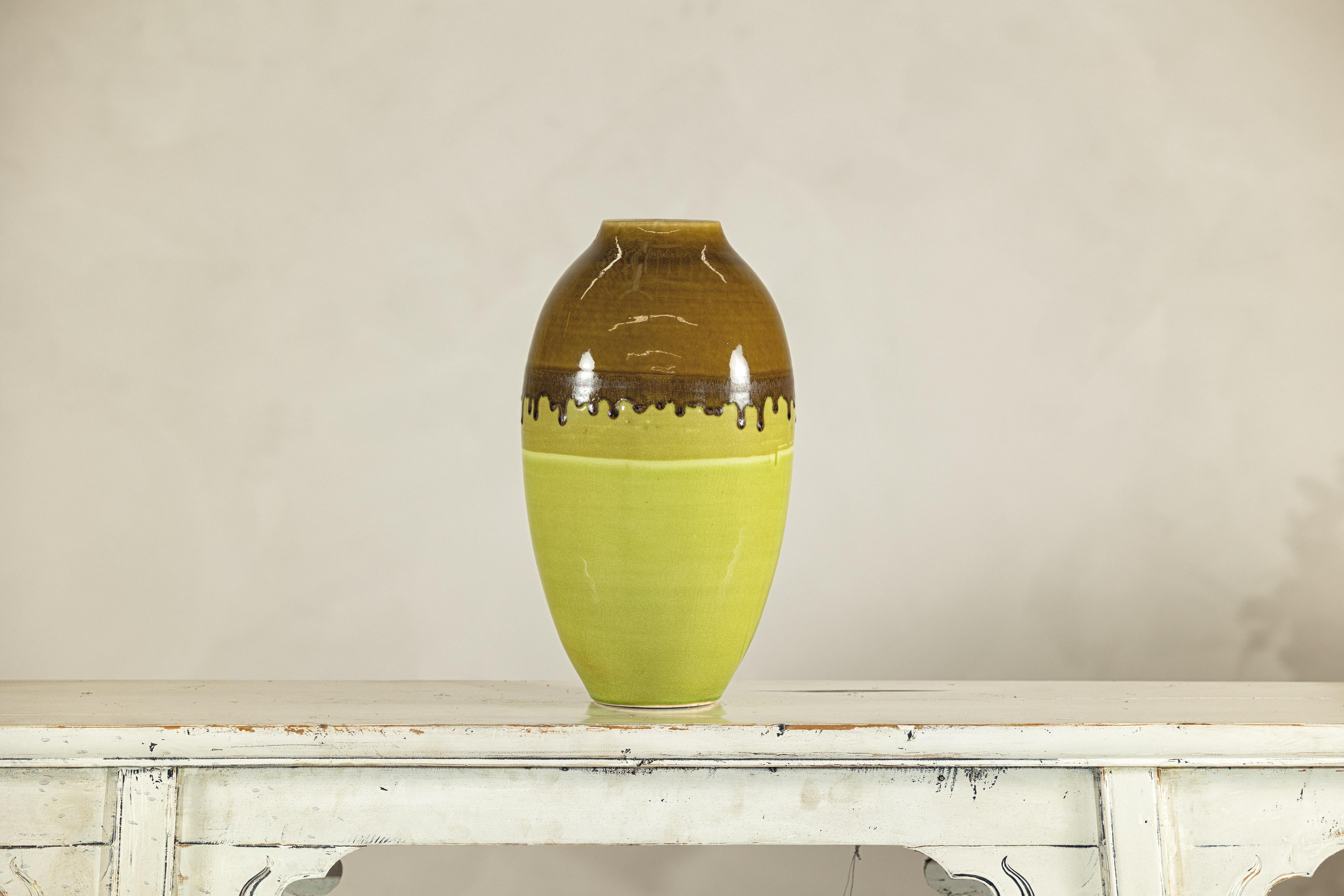 Tall Artisan Ceramic Vase in Dripped Brown and Chartreuse Glaze For Sale 7