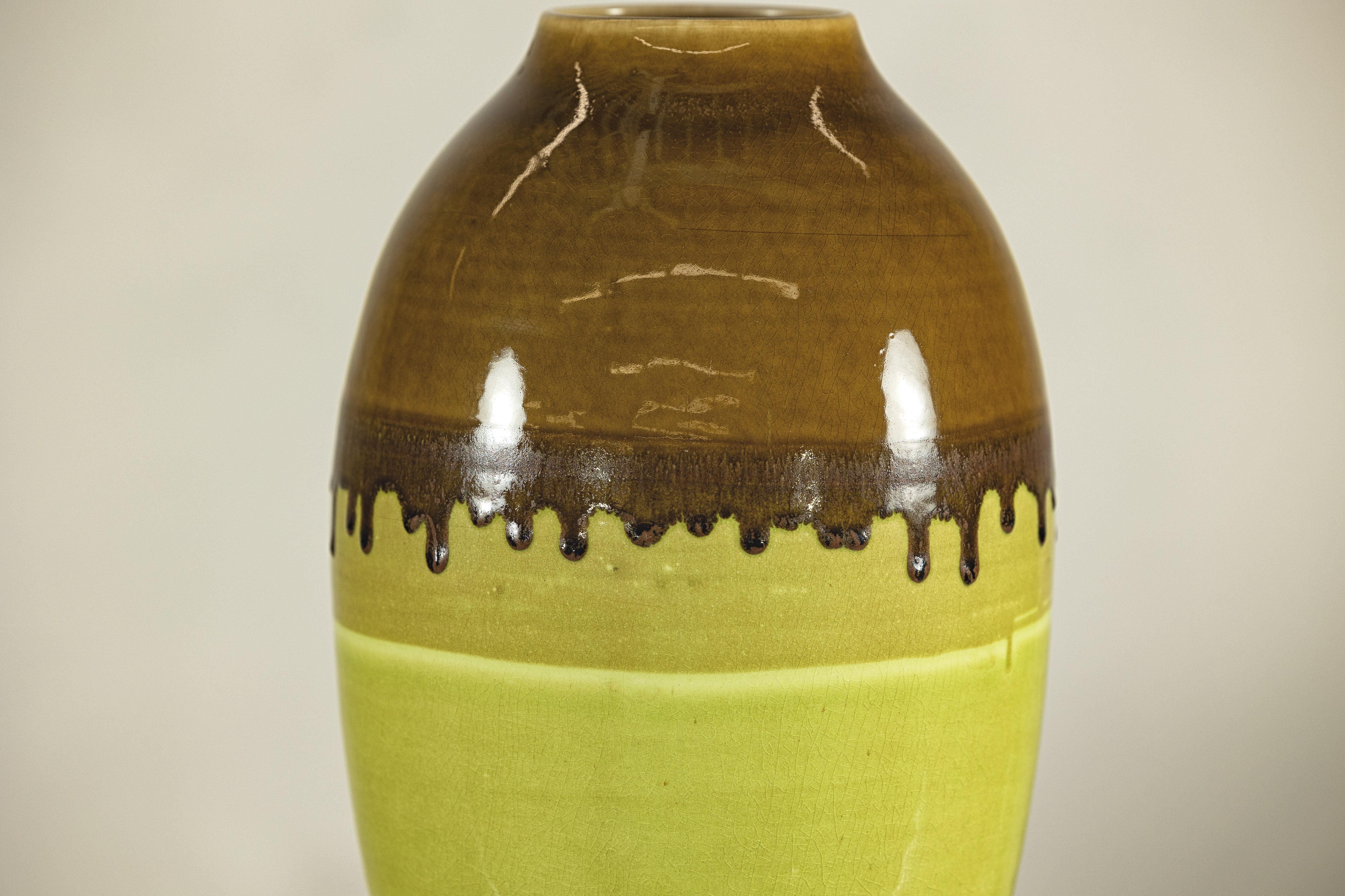 Tall Artisan Ceramic Vase in Dripped Brown and Chartreuse Glaze In Good Condition For Sale In Yonkers, NY