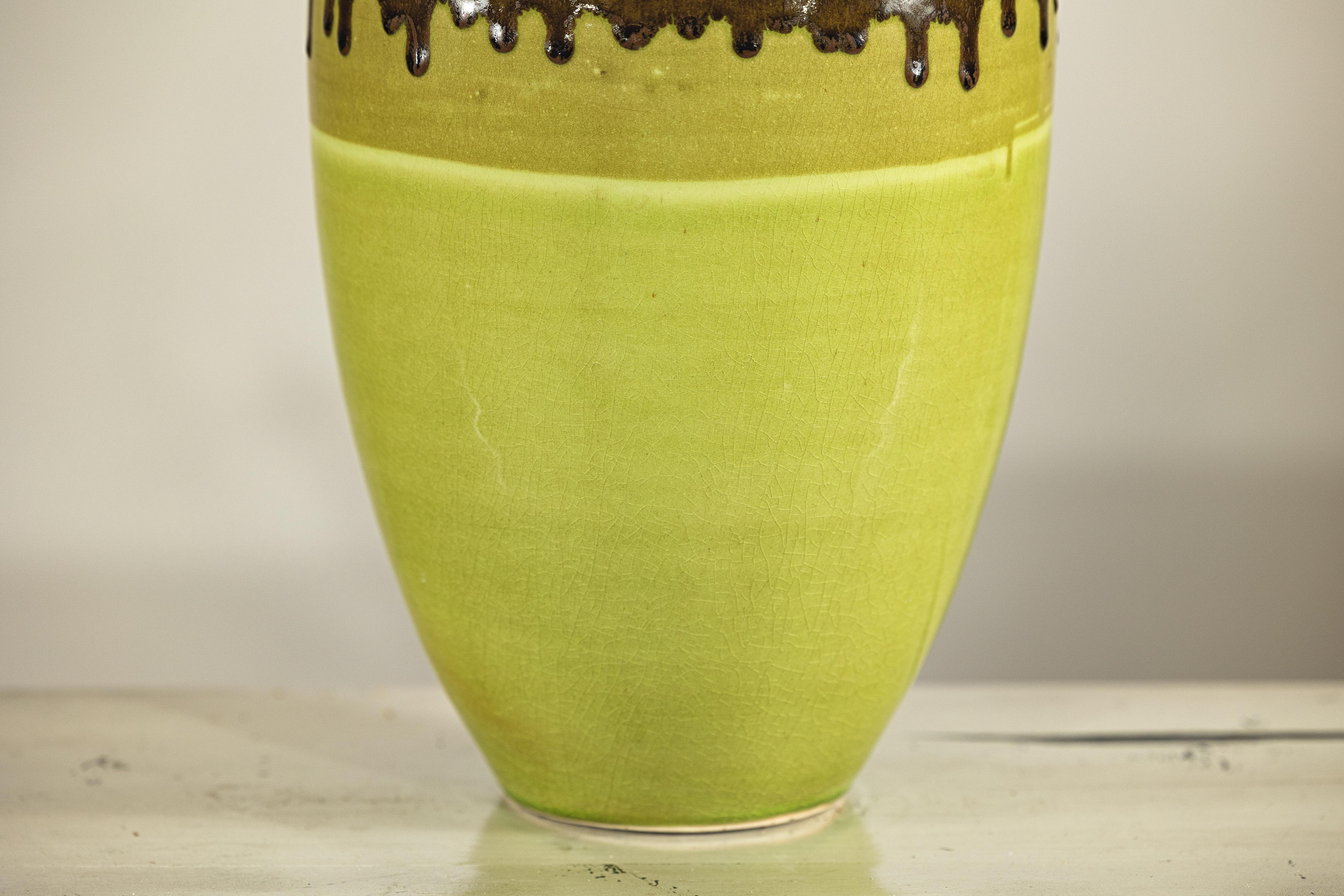 20th Century Tall Artisan Ceramic Vase in Dripped Brown and Chartreuse Glaze For Sale