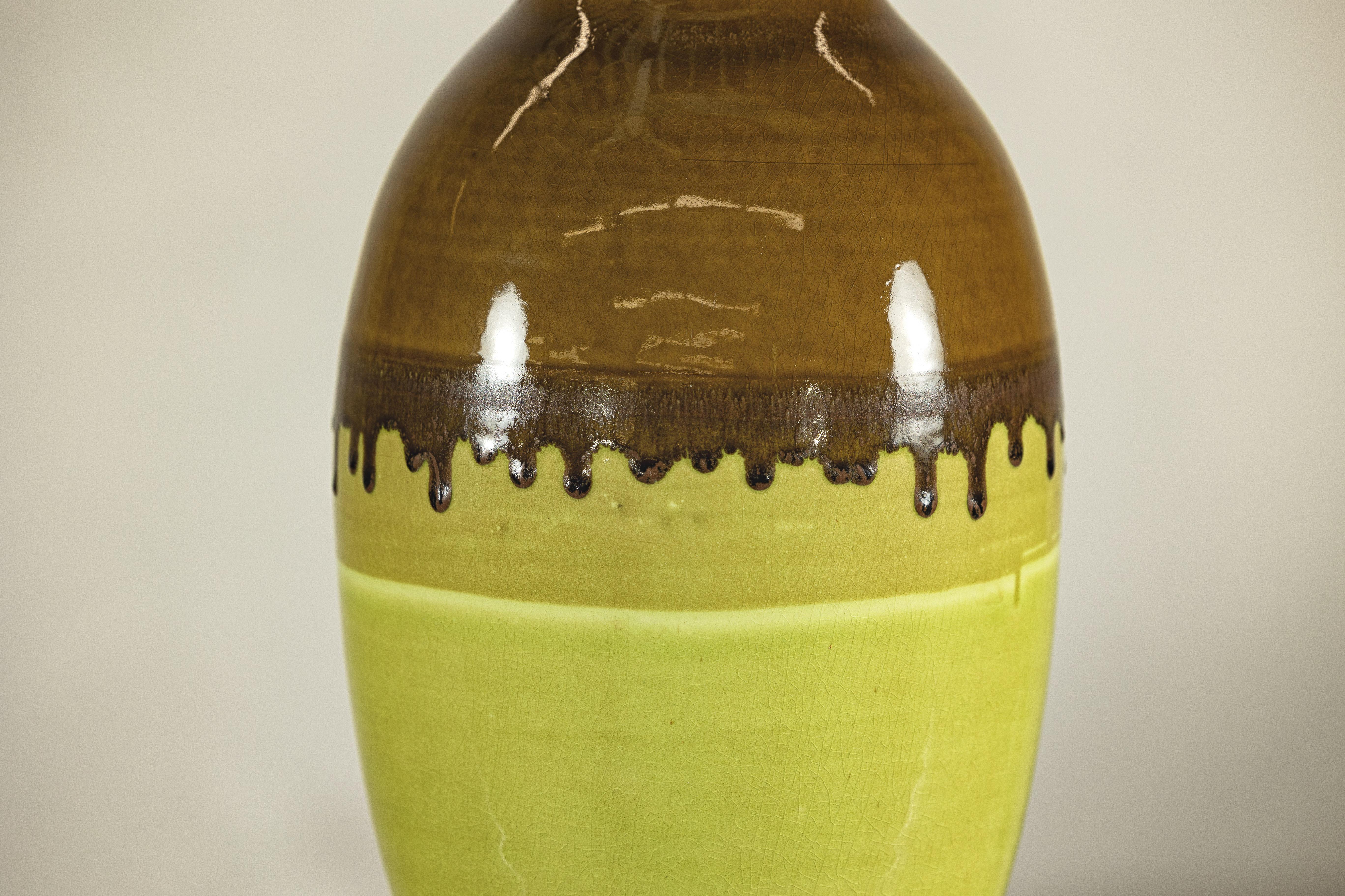 Tall Artisan Ceramic Vase in Dripped Brown and Chartreuse Glaze For Sale 1