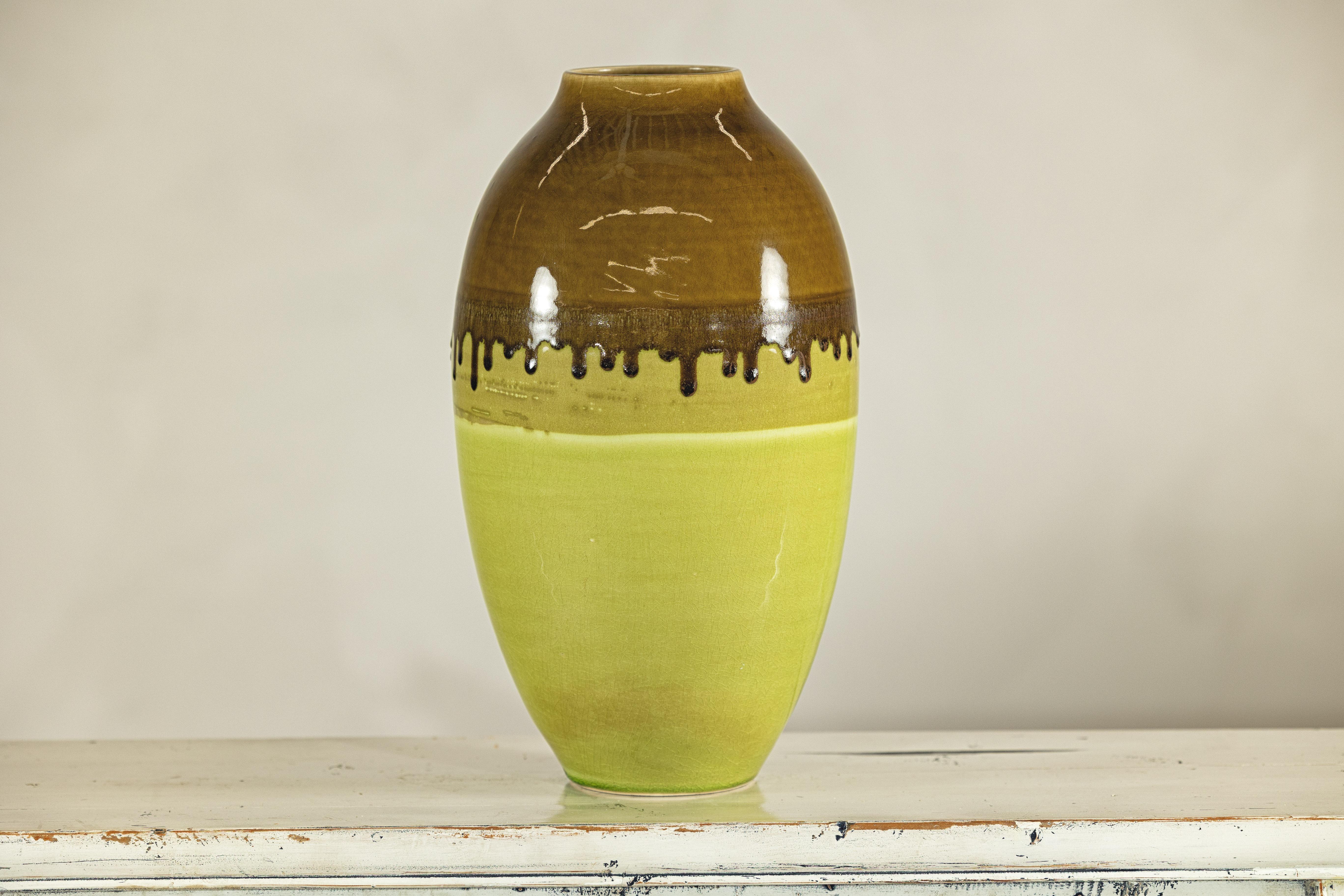 Tall Artisan Ceramic Vase in Dripped Brown and Chartreuse Glaze For Sale 2