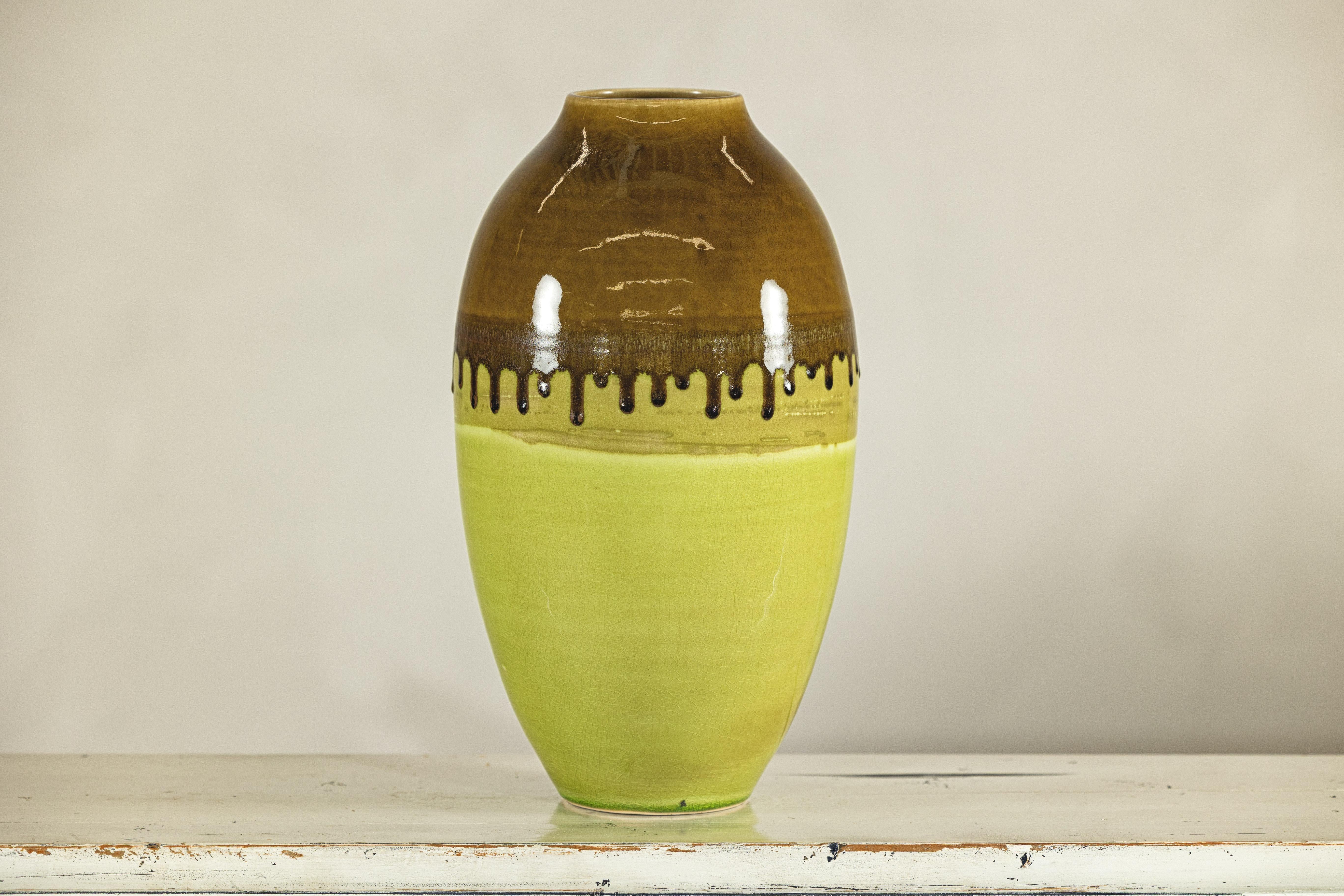 Tall Artisan Ceramic Vase in Dripped Brown and Chartreuse Glaze For Sale 3