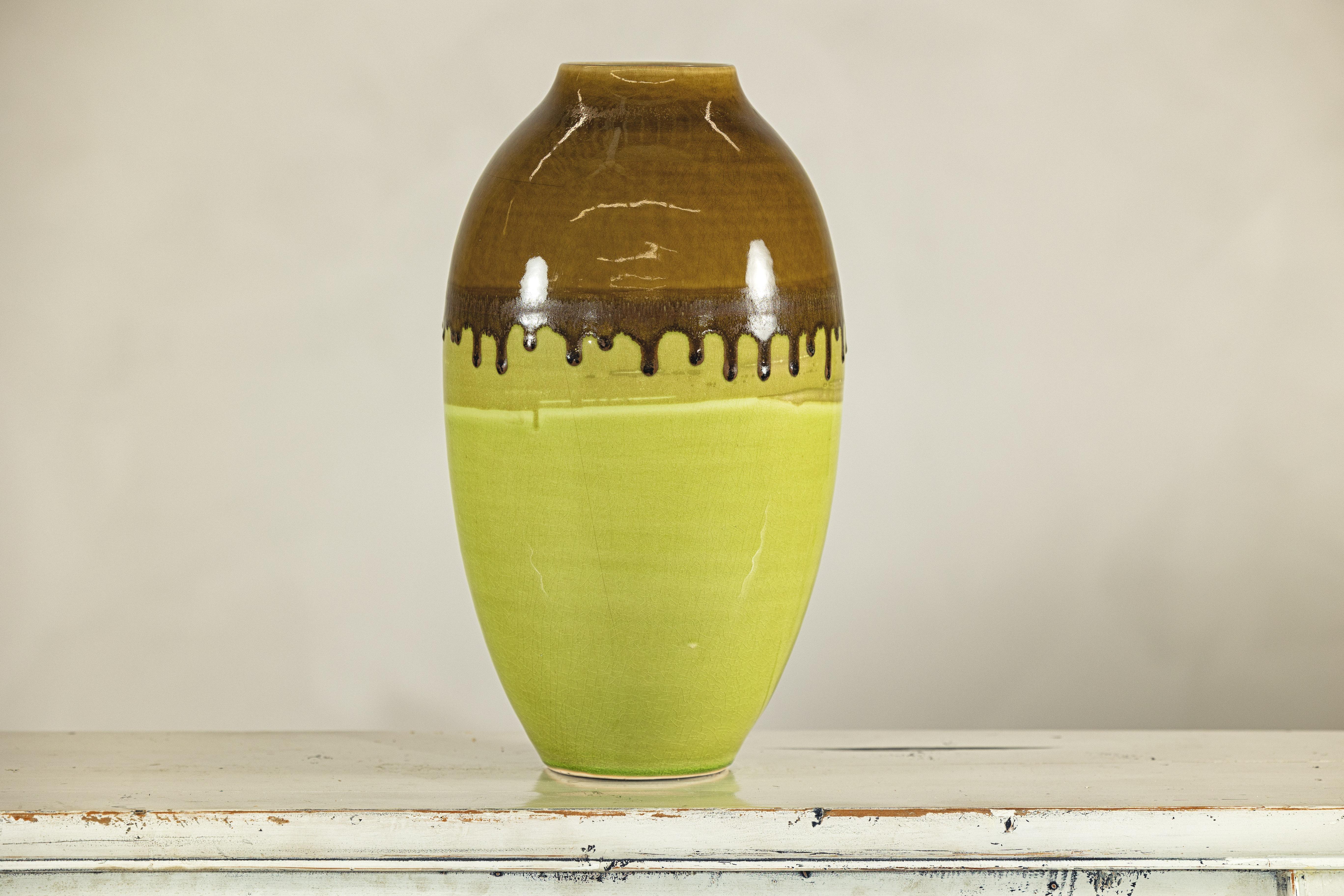 Tall Artisan Ceramic Vase in Dripped Brown and Chartreuse Glaze For Sale 4