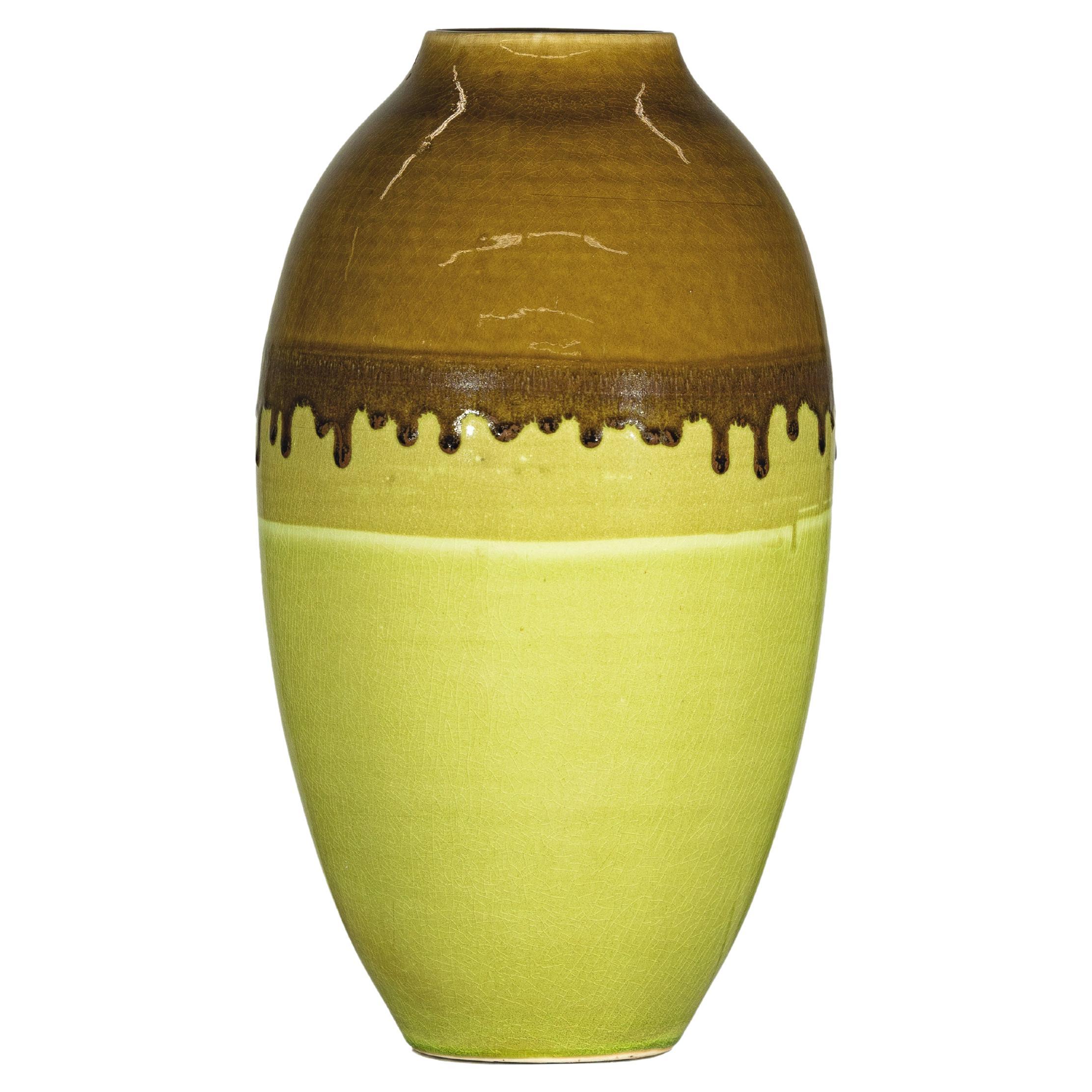 Große Vase aus Artisan-Keramik mit brauner und chartreuser Glasur