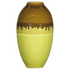 Tall Artisan Ceramic Vase in Dripped Brown and Chartreuse Glaze