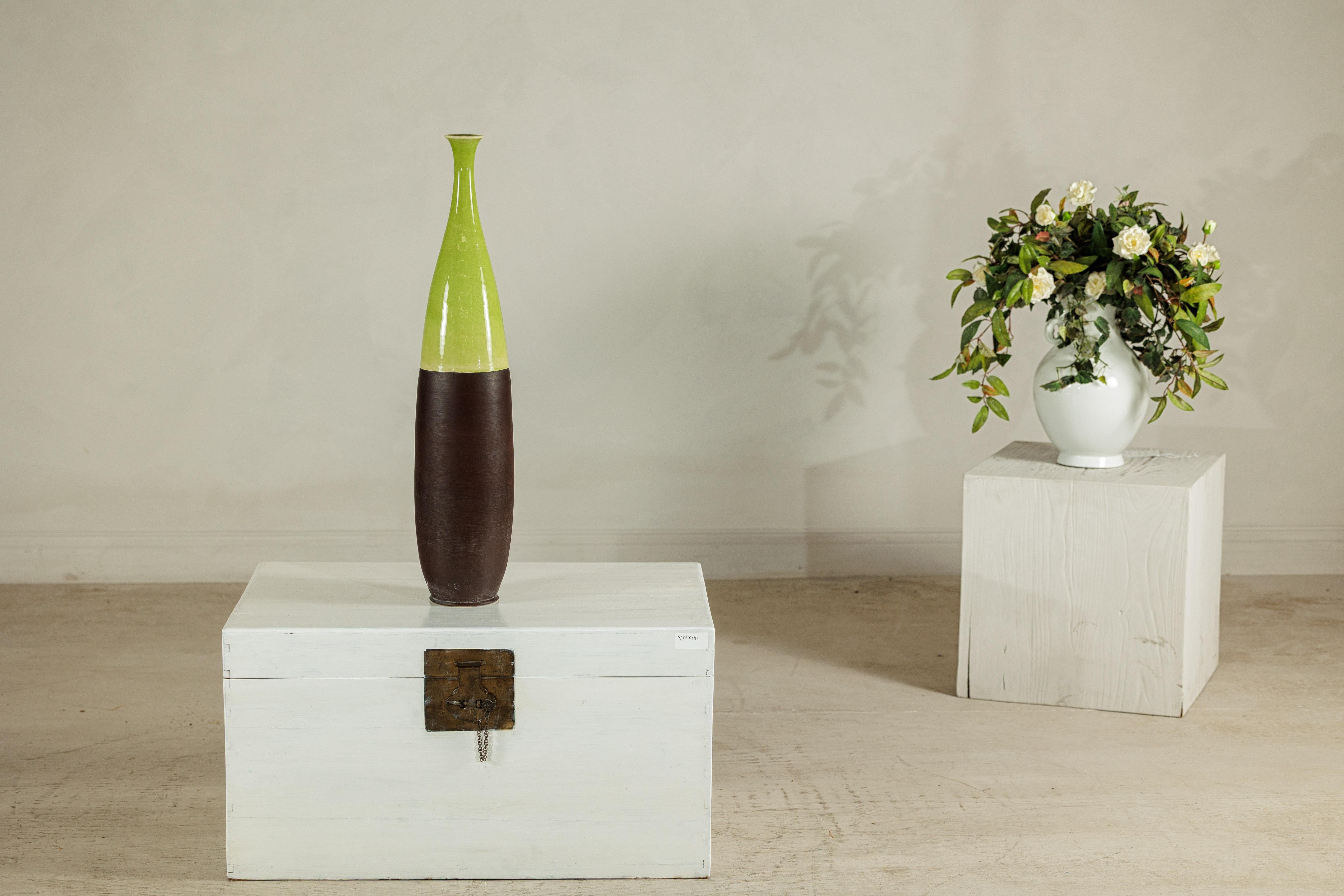 Tall Artisan Ceramic Vase with Glossy Green and Matte Brown Glaze For Sale 5