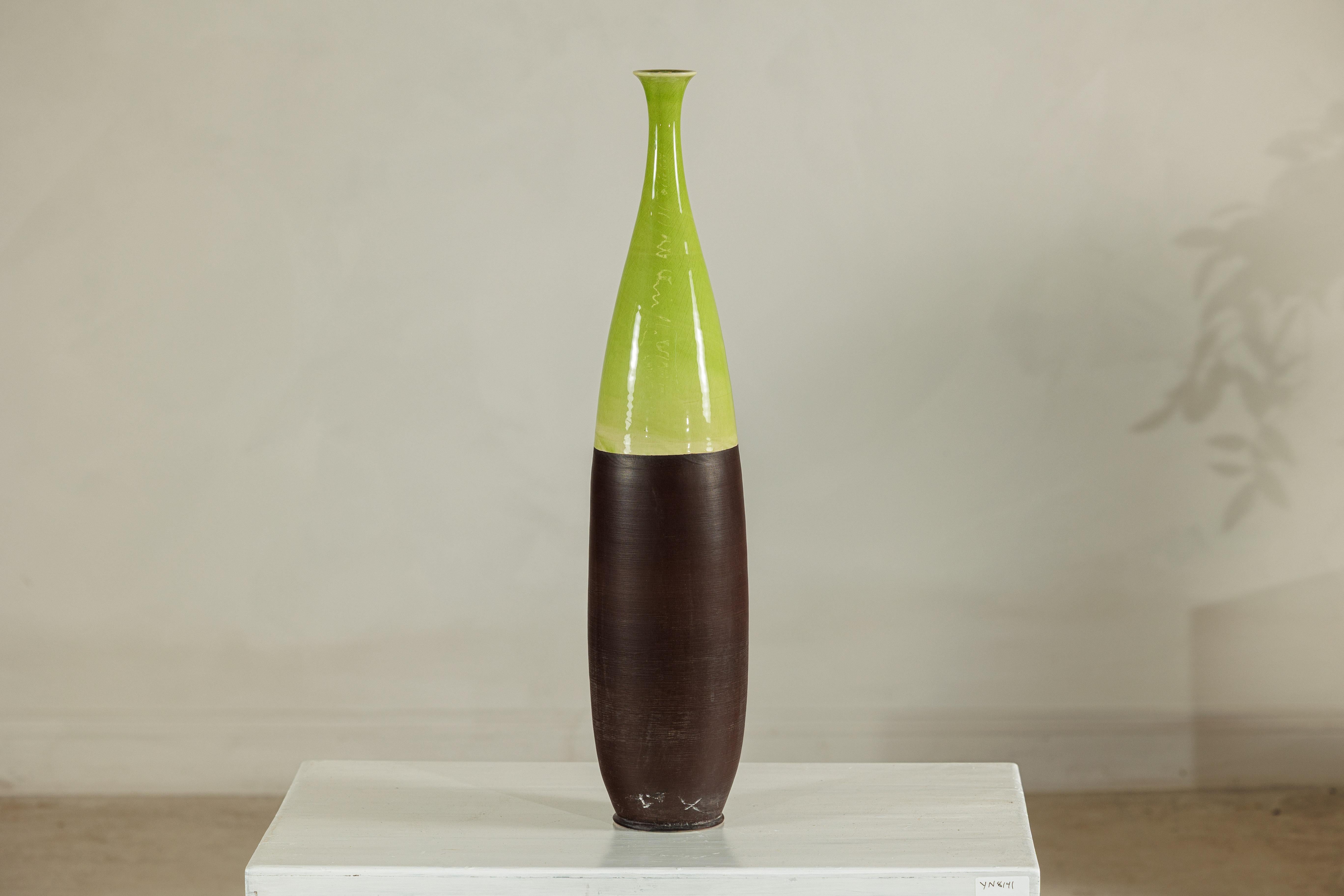 Tall Artisan Ceramic Vase with Glossy Green and Matte Brown Glaze For Sale 6