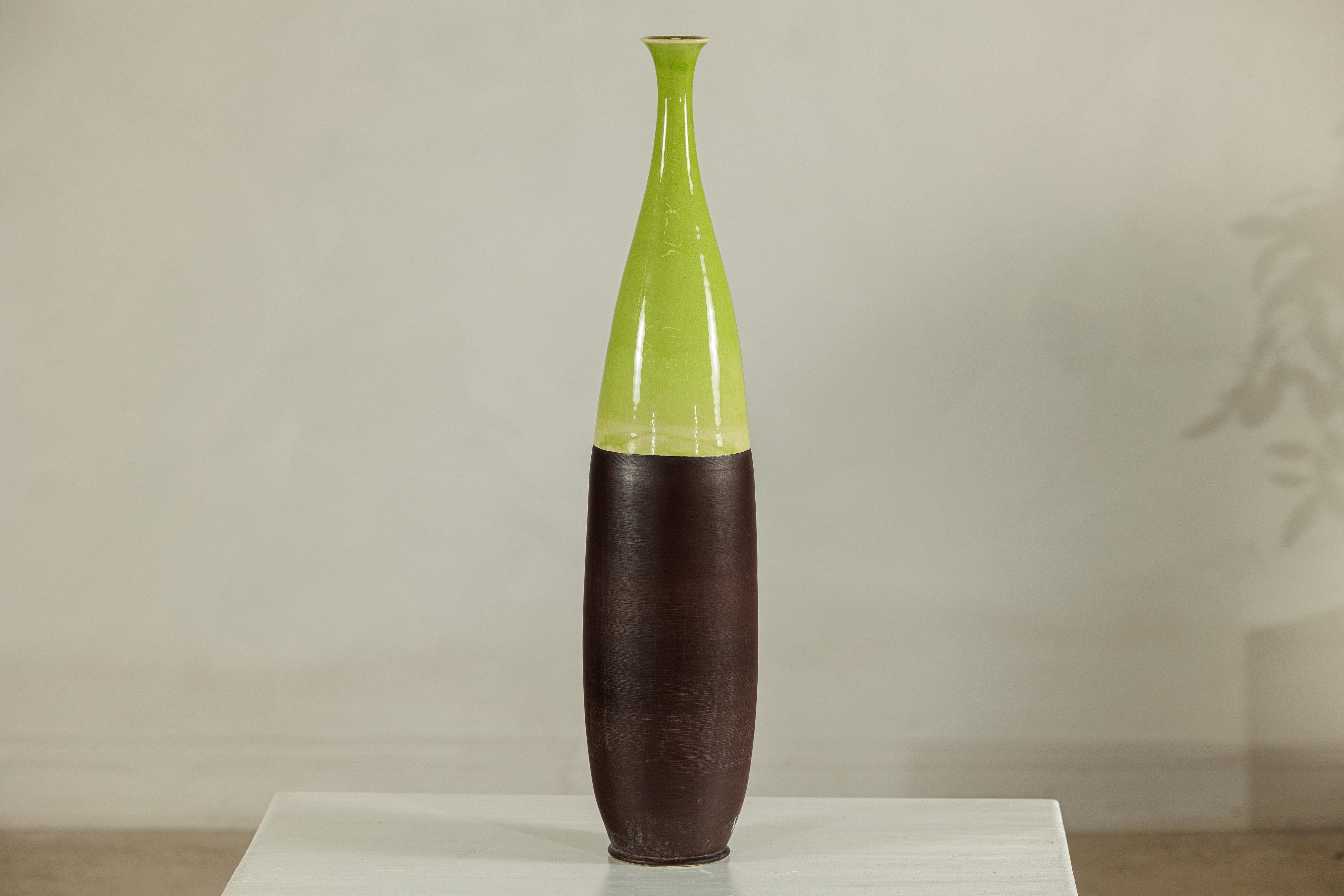 Tall Artisan Ceramic Vase with Glossy Green and Matte Brown Glaze For Sale 7