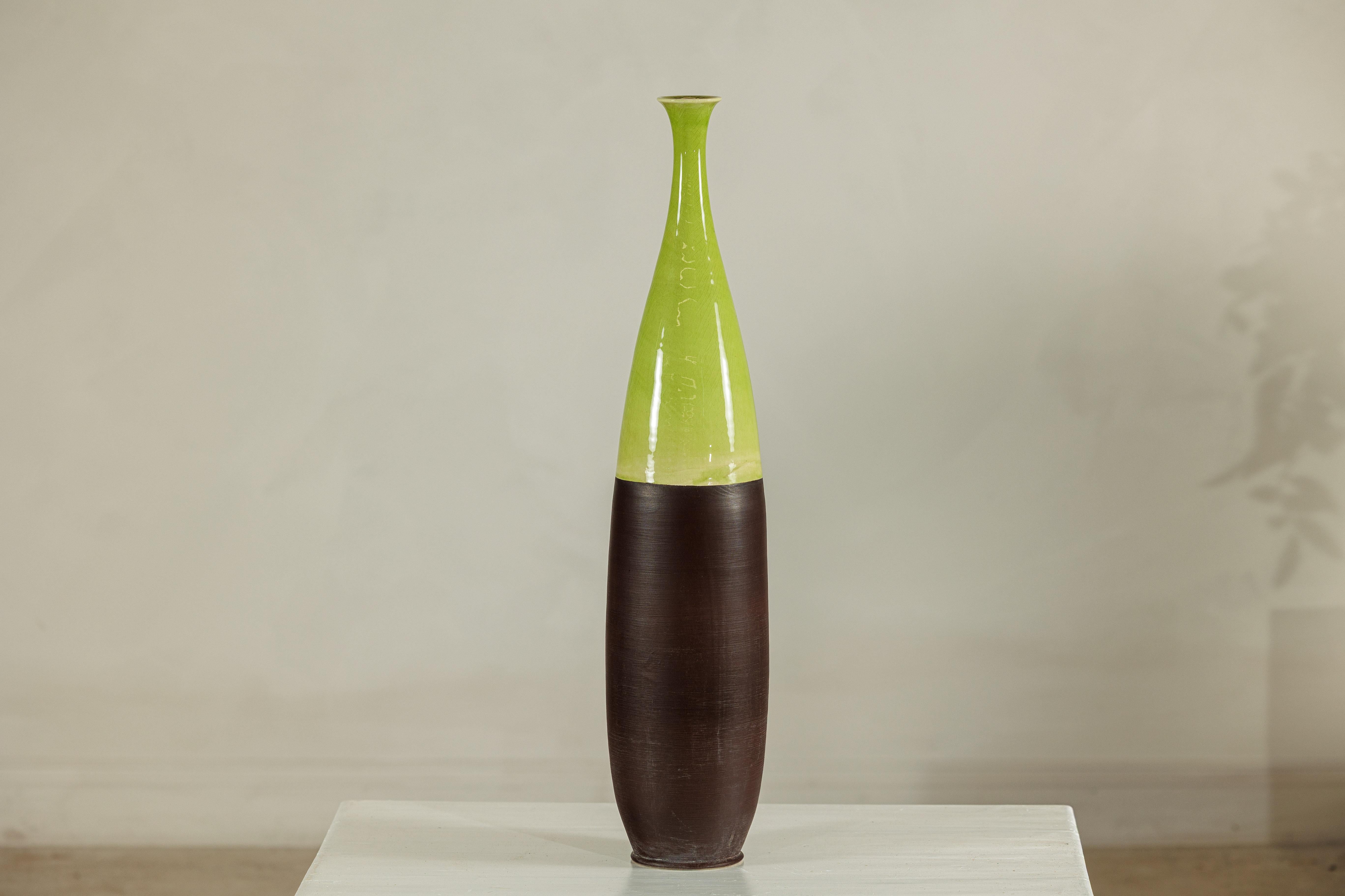Tall Artisan Ceramic Vase with Glossy Green and Matte Brown Glaze For Sale 8