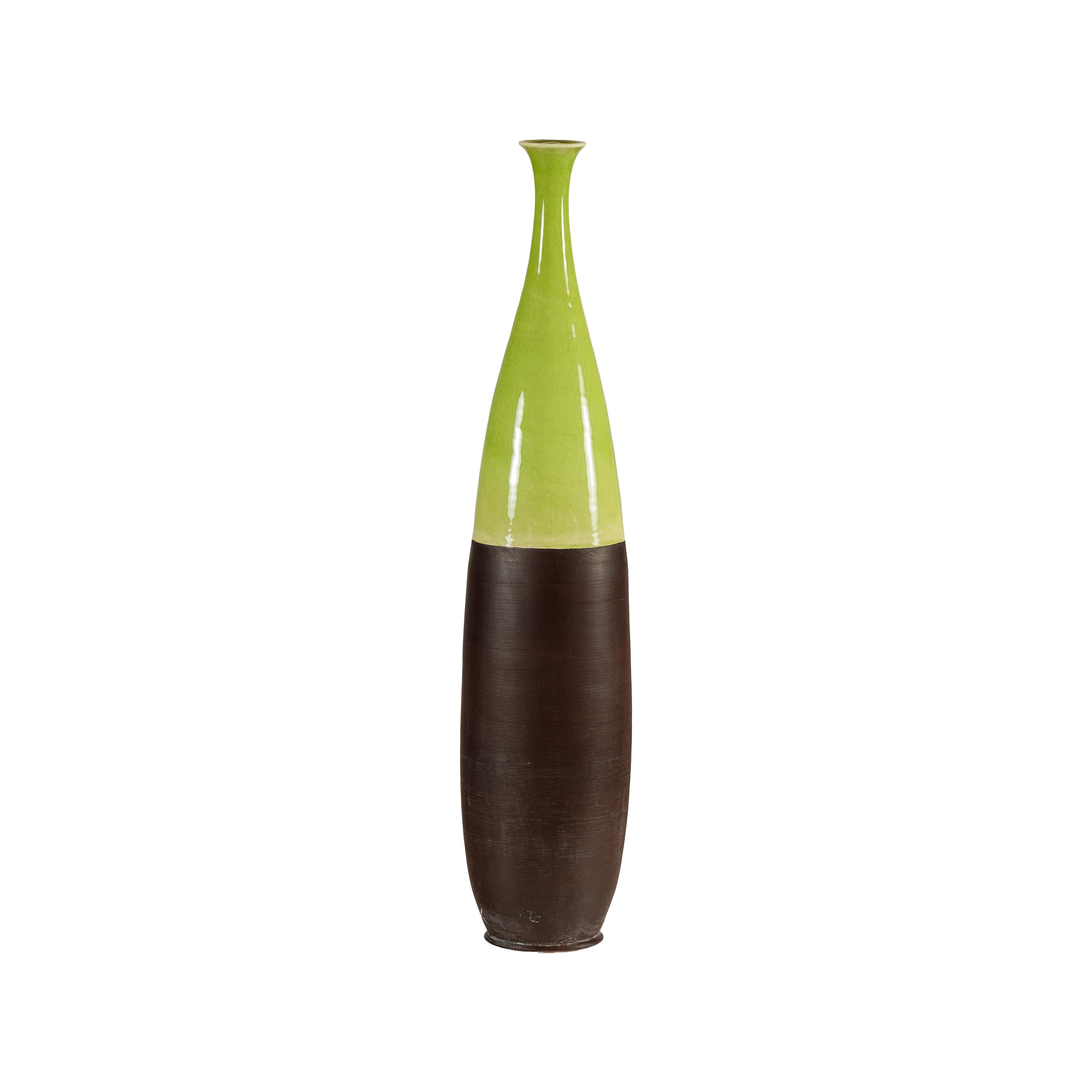 Tall Artisan Ceramic Vase with Glossy Green and Matte Brown Glaze For Sale 9