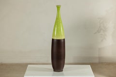 Tall Artisan Ceramic Vase with Glossy Green and Matte Brown Glaze