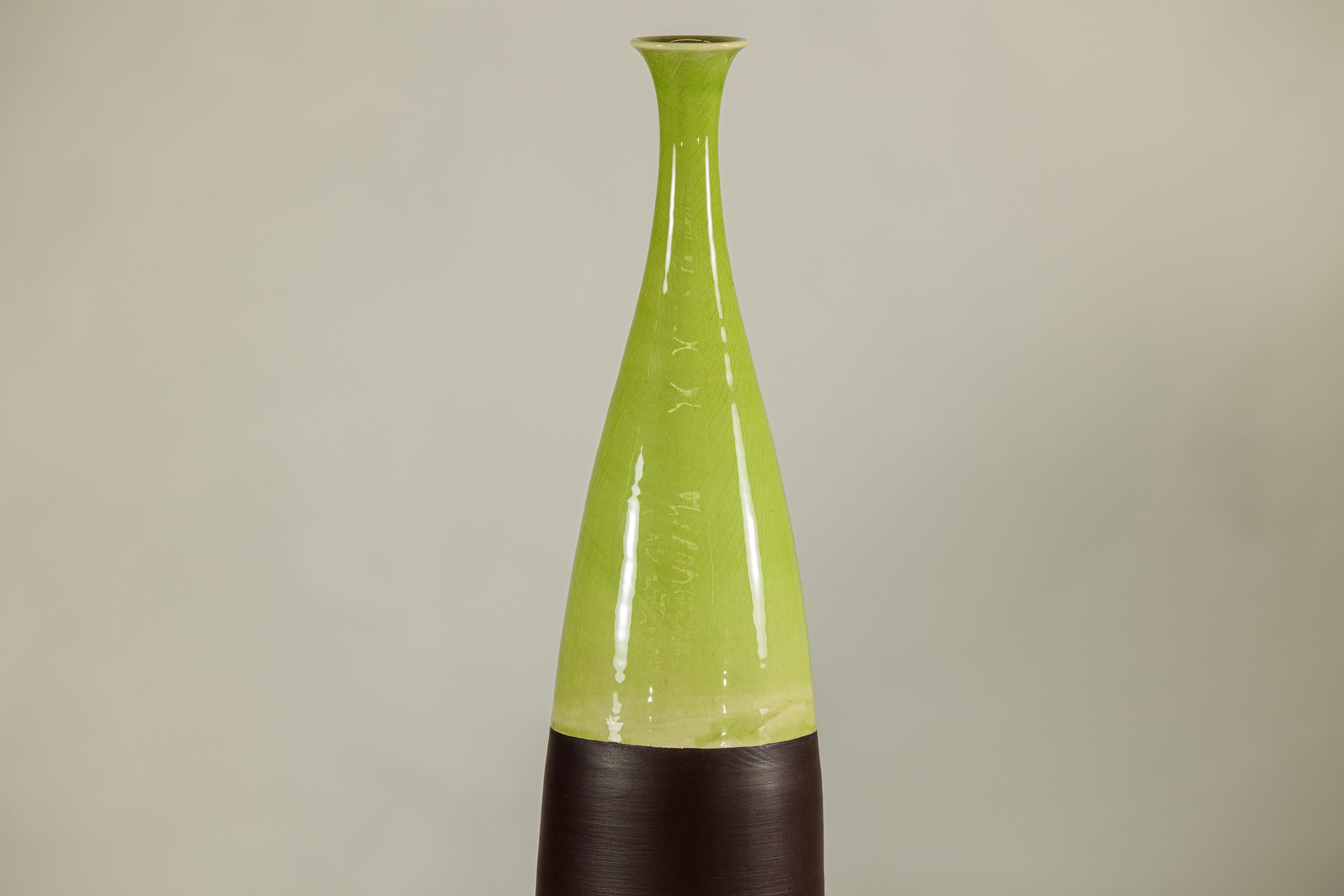 Glazed Tall Artisan Ceramic Vase with Glossy Green and Matte Brown Glaze For Sale