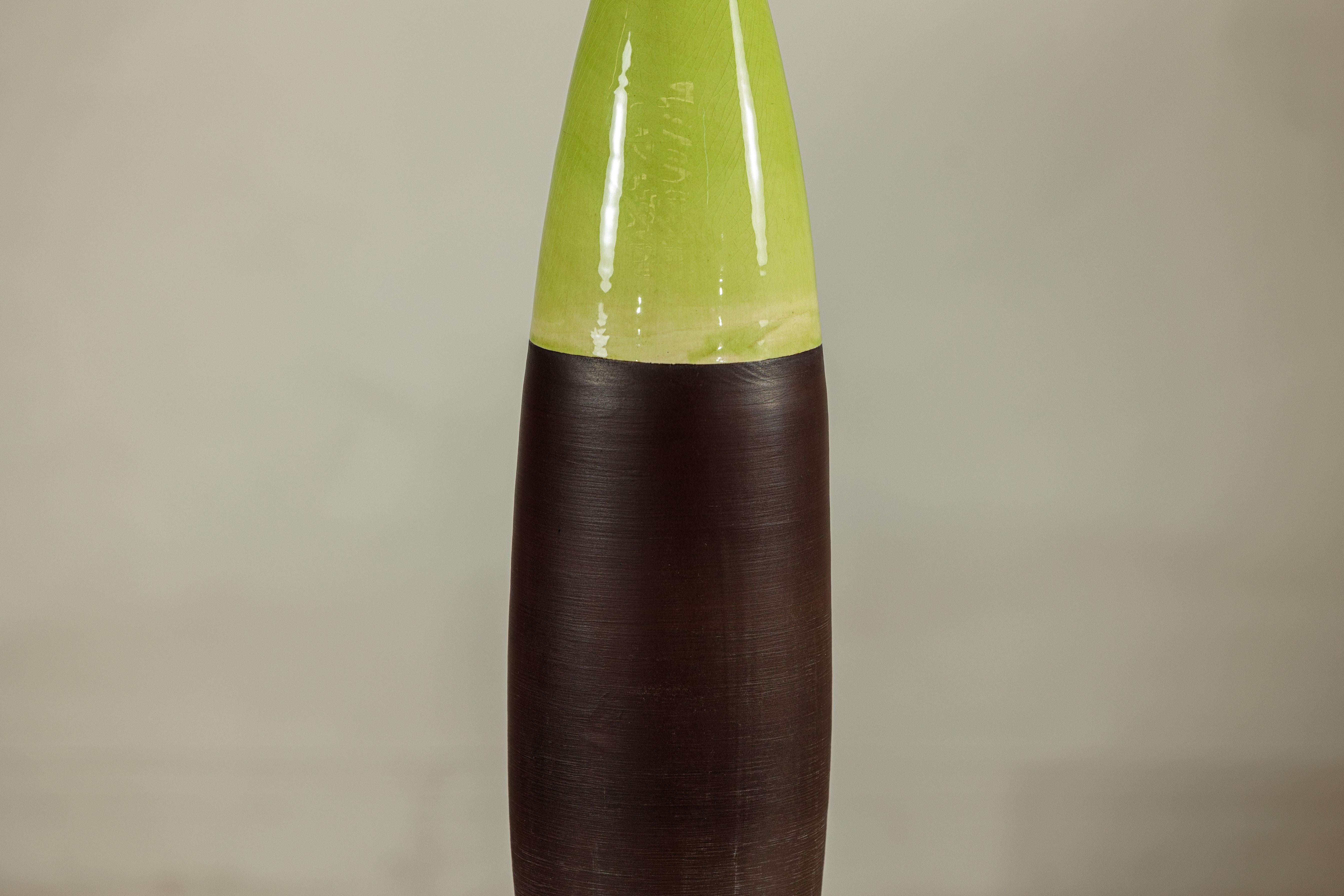 Tall Artisan Ceramic Vase with Glossy Green and Matte Brown Glaze In Good Condition For Sale In Yonkers, NY