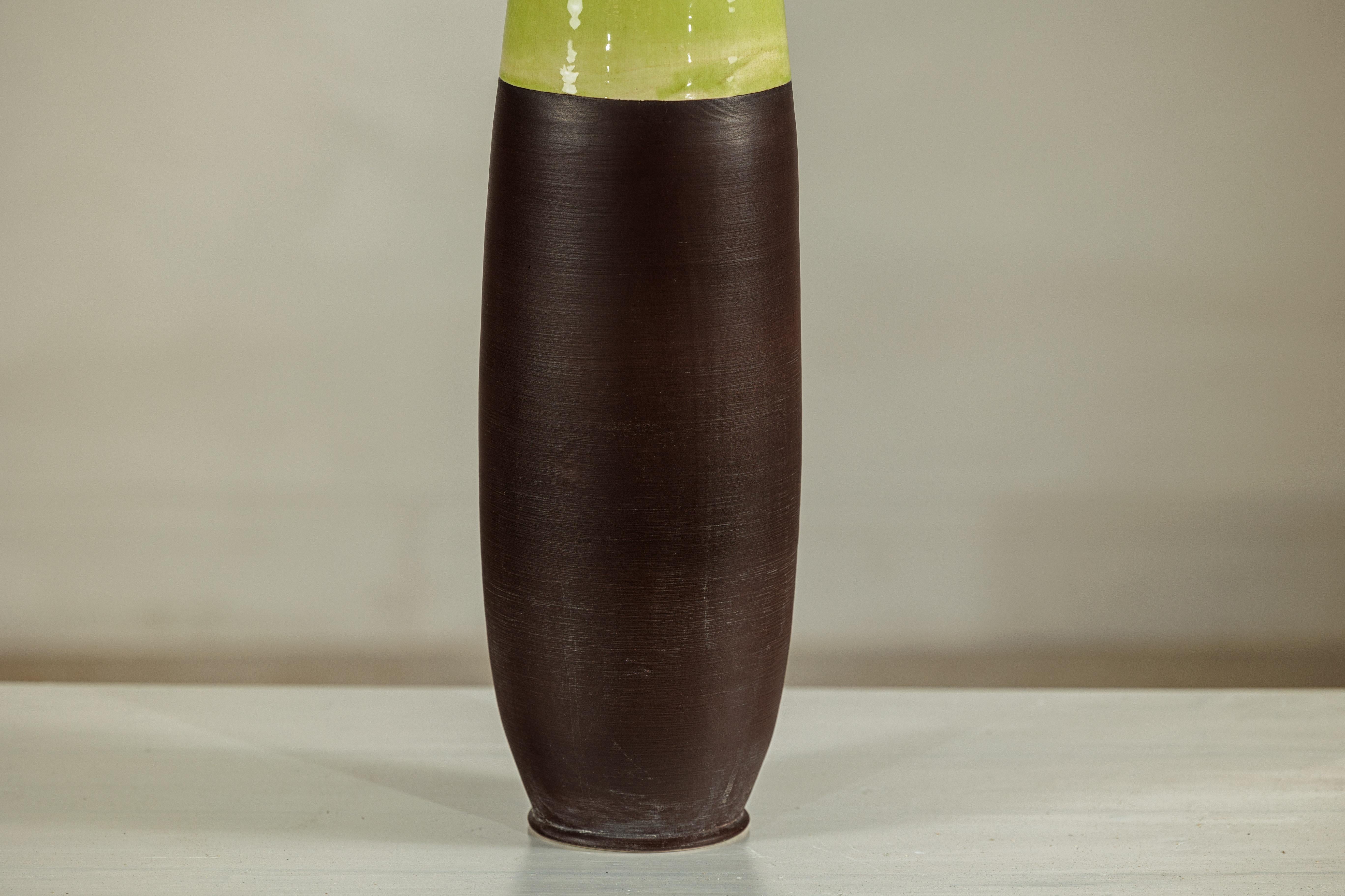 20th Century Tall Artisan Ceramic Vase with Glossy Green and Matte Brown Glaze For Sale