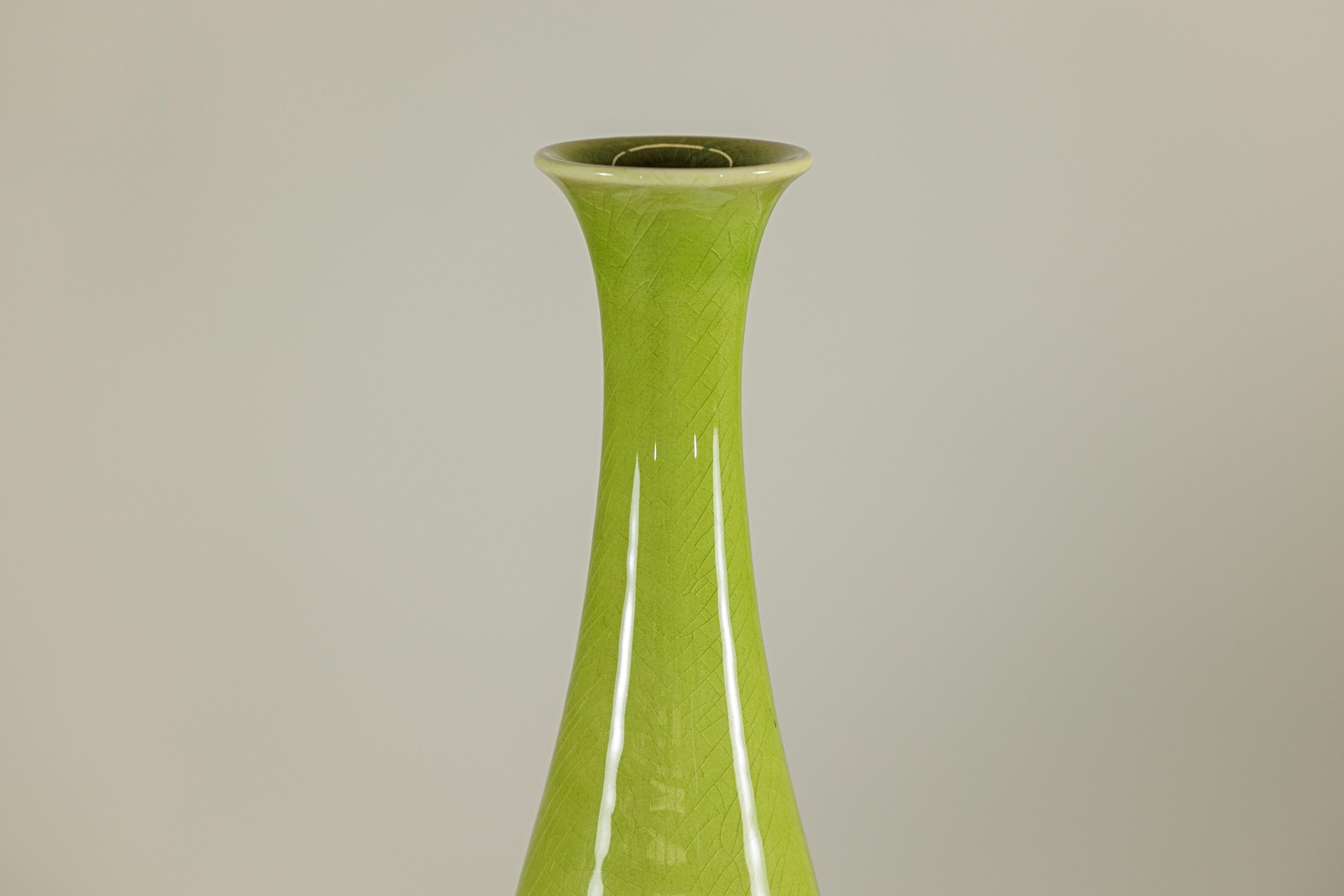 Tall Artisan Ceramic Vase with Glossy Green and Matte Brown Glaze For Sale 1