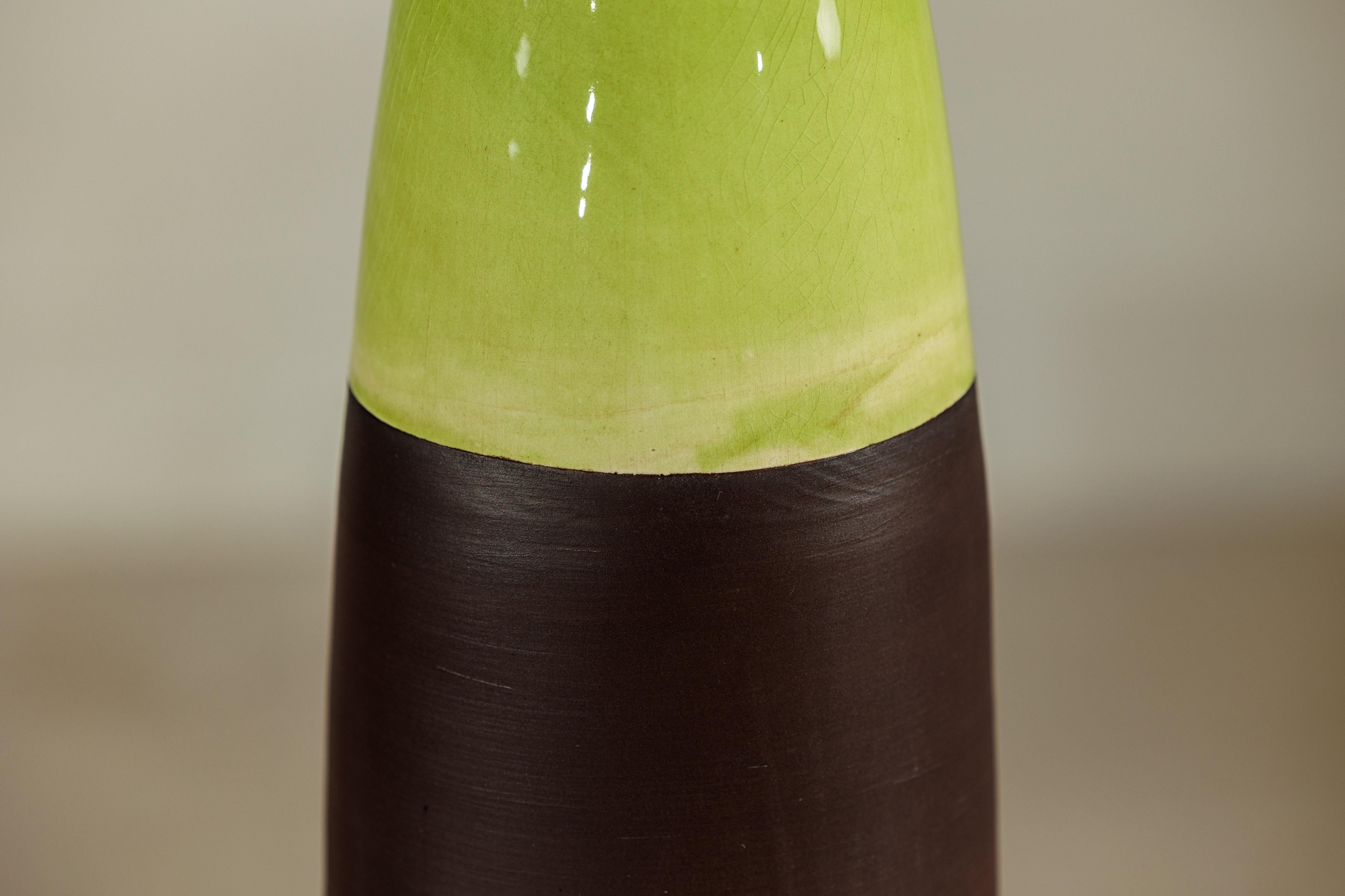 Tall Artisan Ceramic Vase with Glossy Green and Matte Brown Glaze For Sale 3
