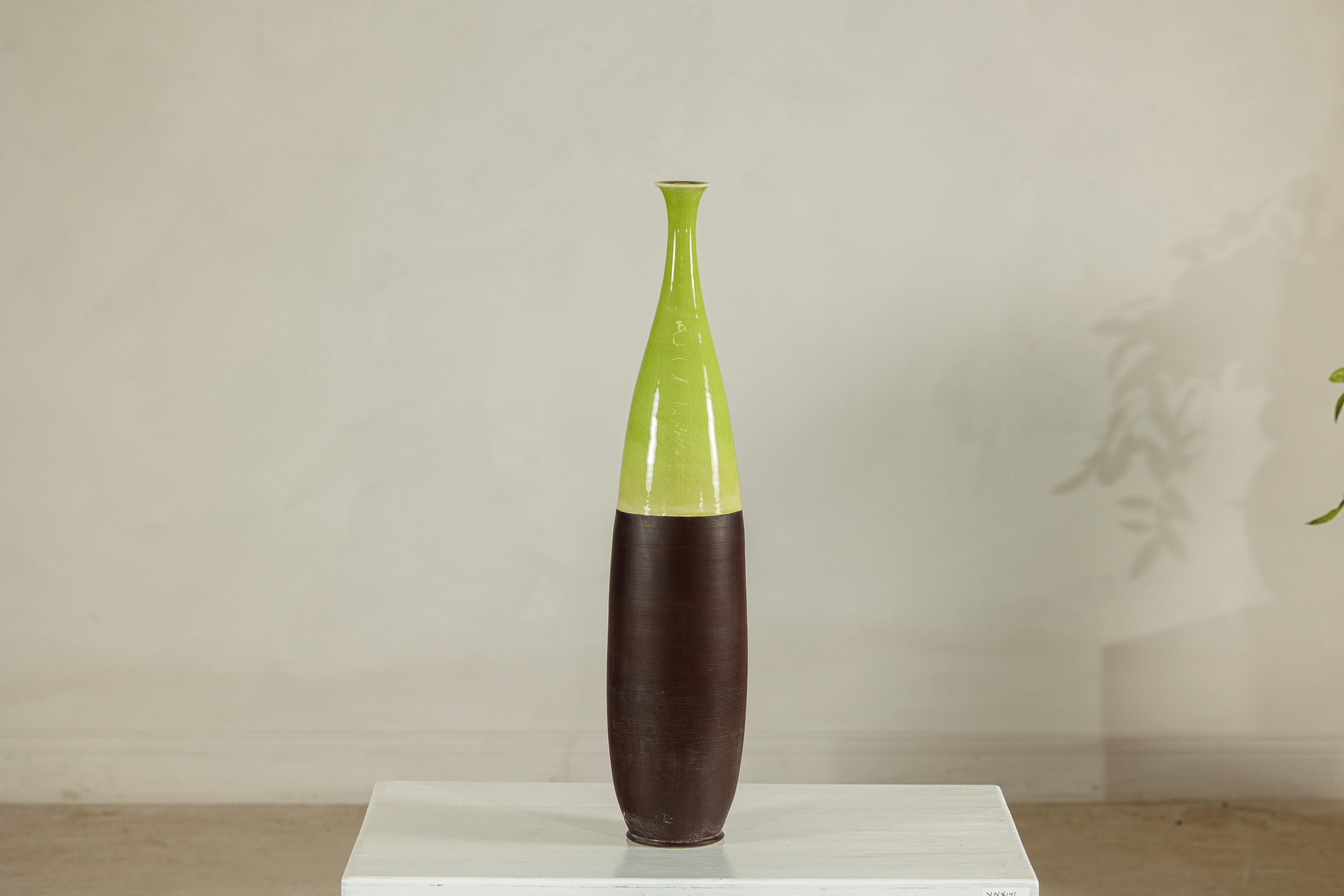 Tall Artisan Ceramic Vase with Glossy Green and Matte Brown Glaze For Sale 4