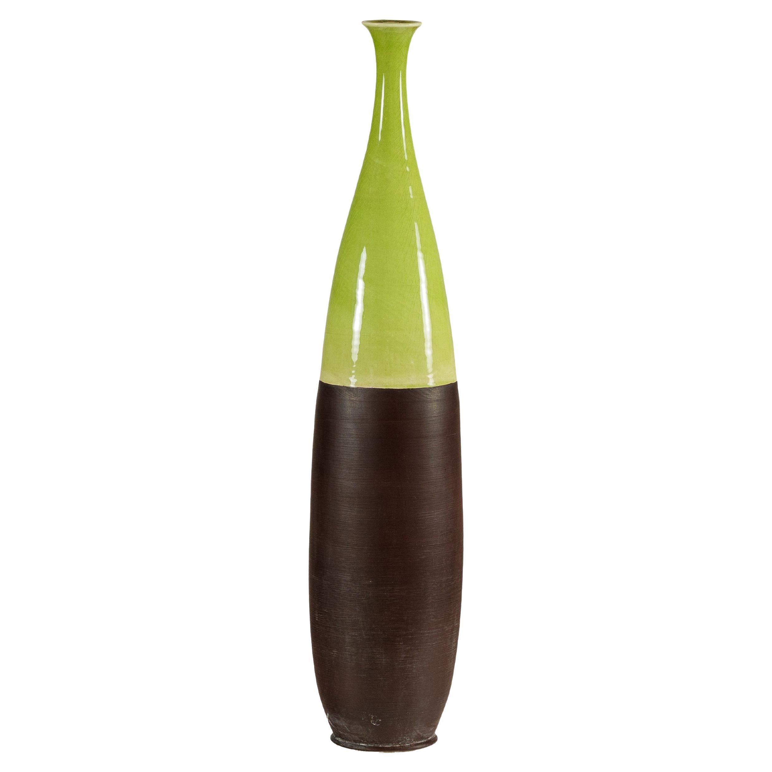 Tall Artisan Ceramic Vase with Glossy Green and Matte Brown Glaze For Sale