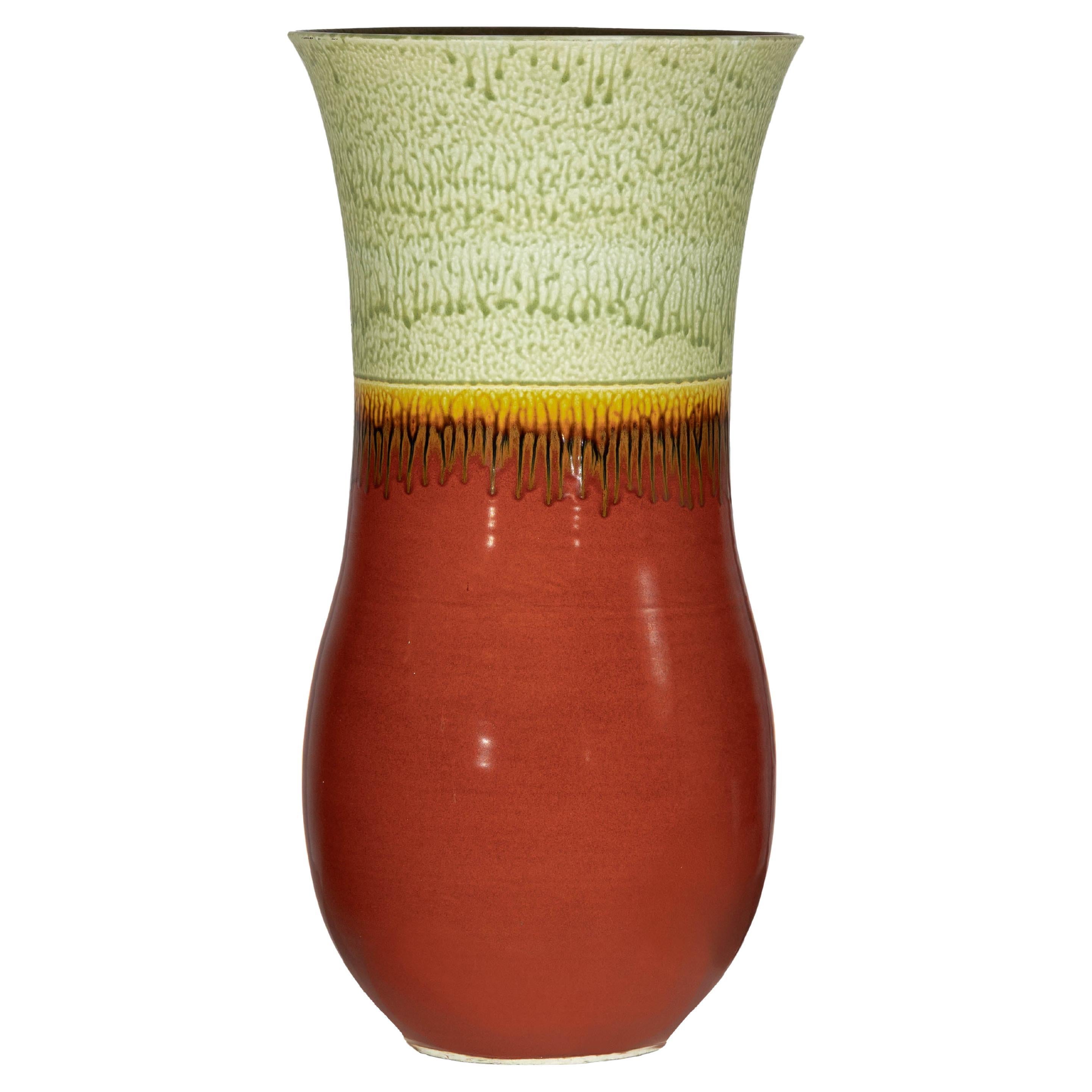 Tall Artisan Hand-Crafted Ceramic Vase with Green Drip Glaze over Red Base