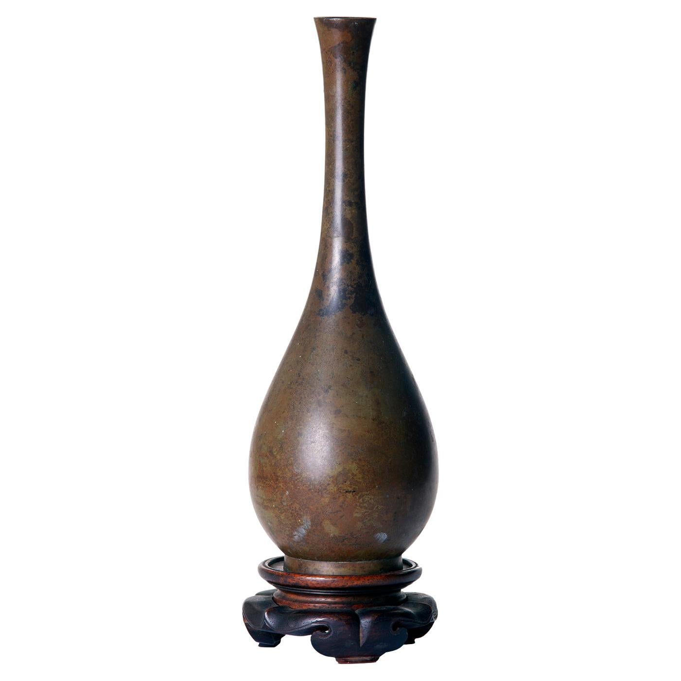 Tall Asian Bud Vase on Vintage Rosewood Stand For Sale