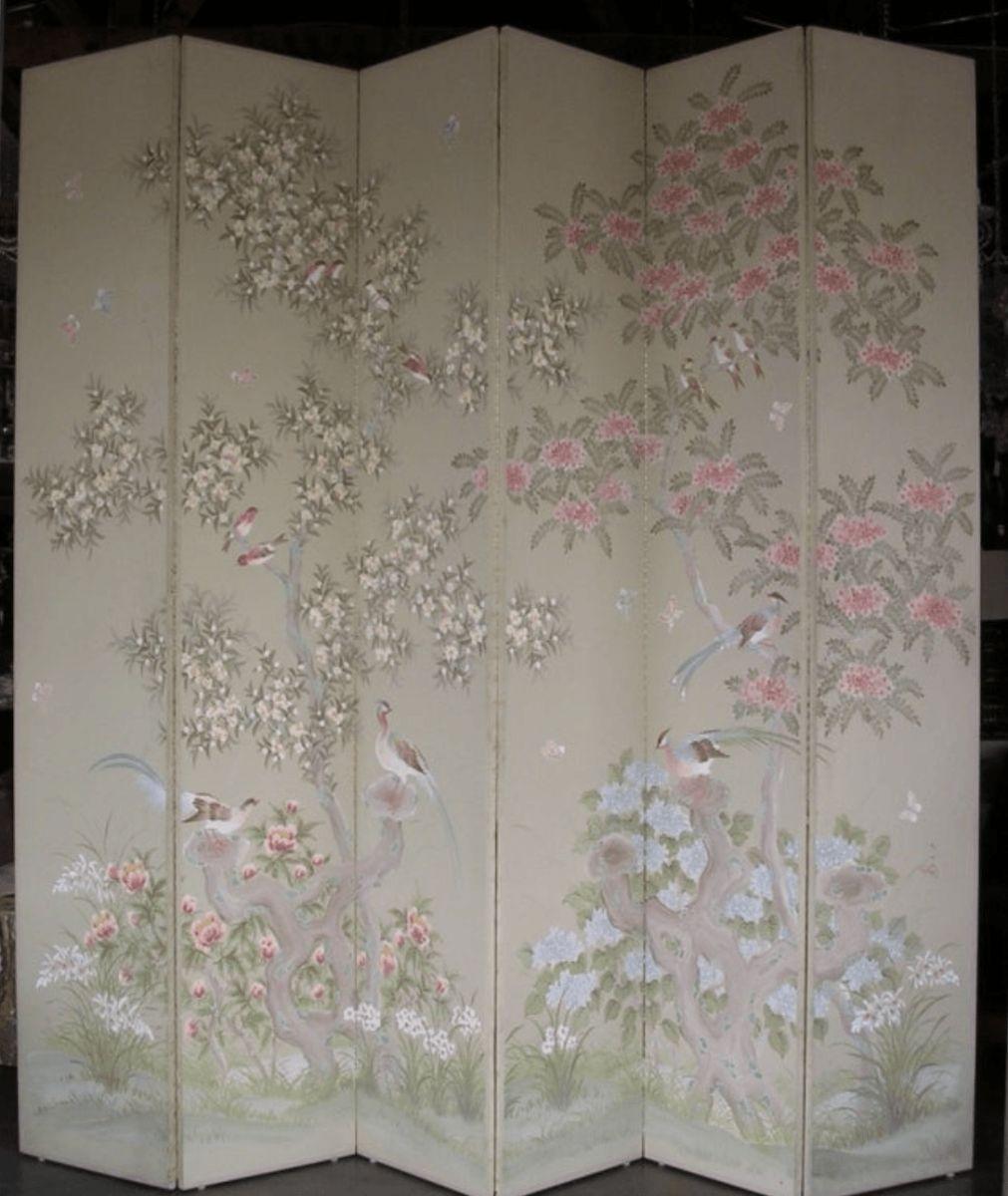 A huge Asian bird and flower screen by Robert Crowder. Six panels with brass hinges. Back of screen is plain beige paper. End panels are 20 1/2\