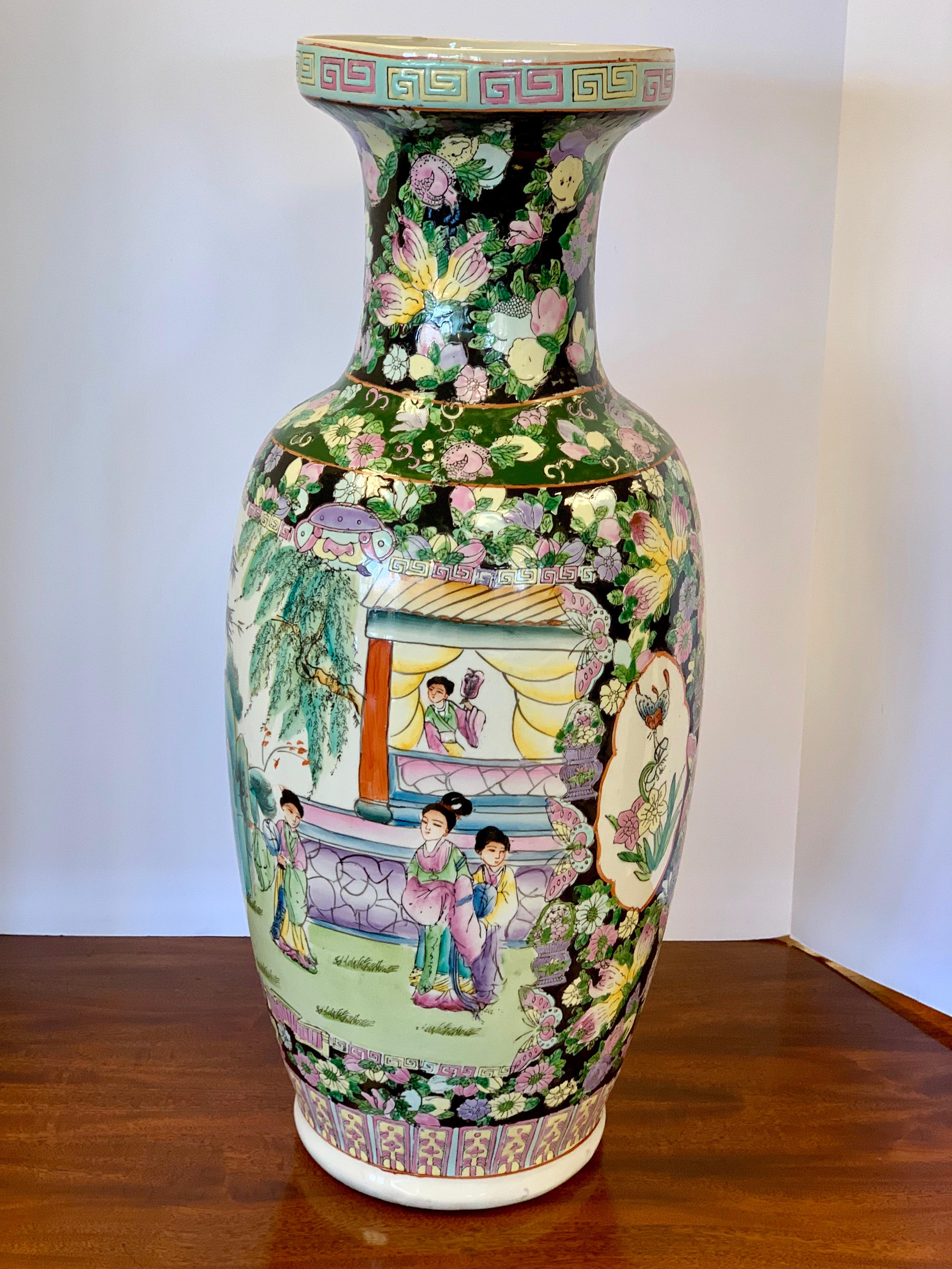 Tall Asian Chinese Famille Noir Porcelain Urn Vase In Good Condition In West Hartford, CT