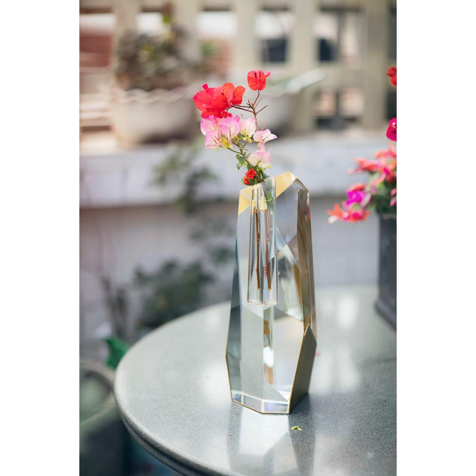 Post-Modern Tall Asymmetrical Crystal Vase with Brass Accents by Dainte For Sale
