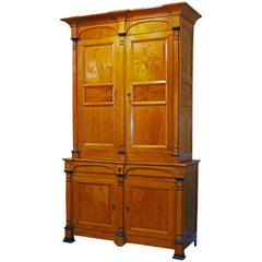 Tall Austrian Biedermeier Fruitwood and Ebonized Buffet a Deux Corps