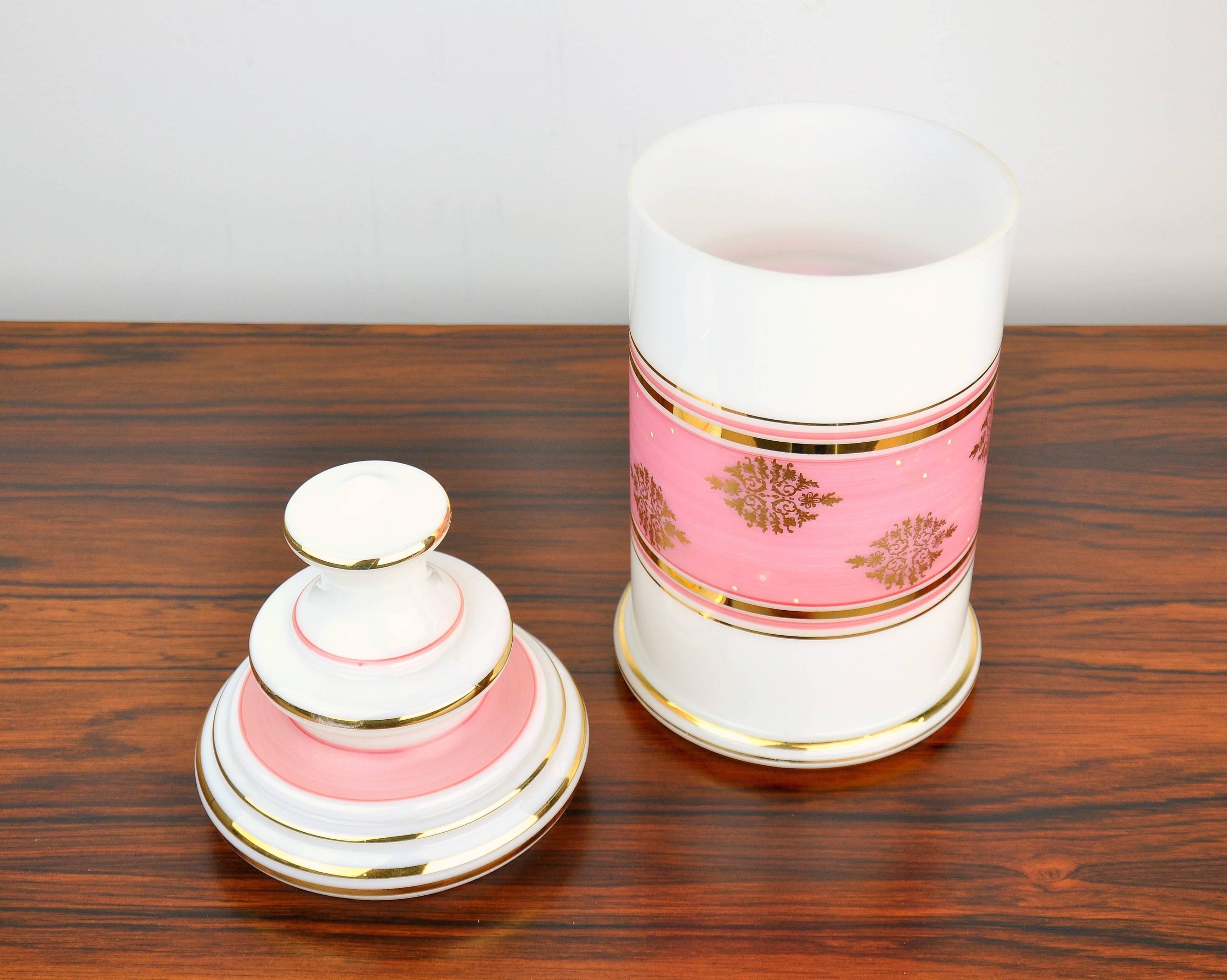 Napoleon III Tall Baccarat Pink, White and Gilt Opaline Glass Vanity Jar