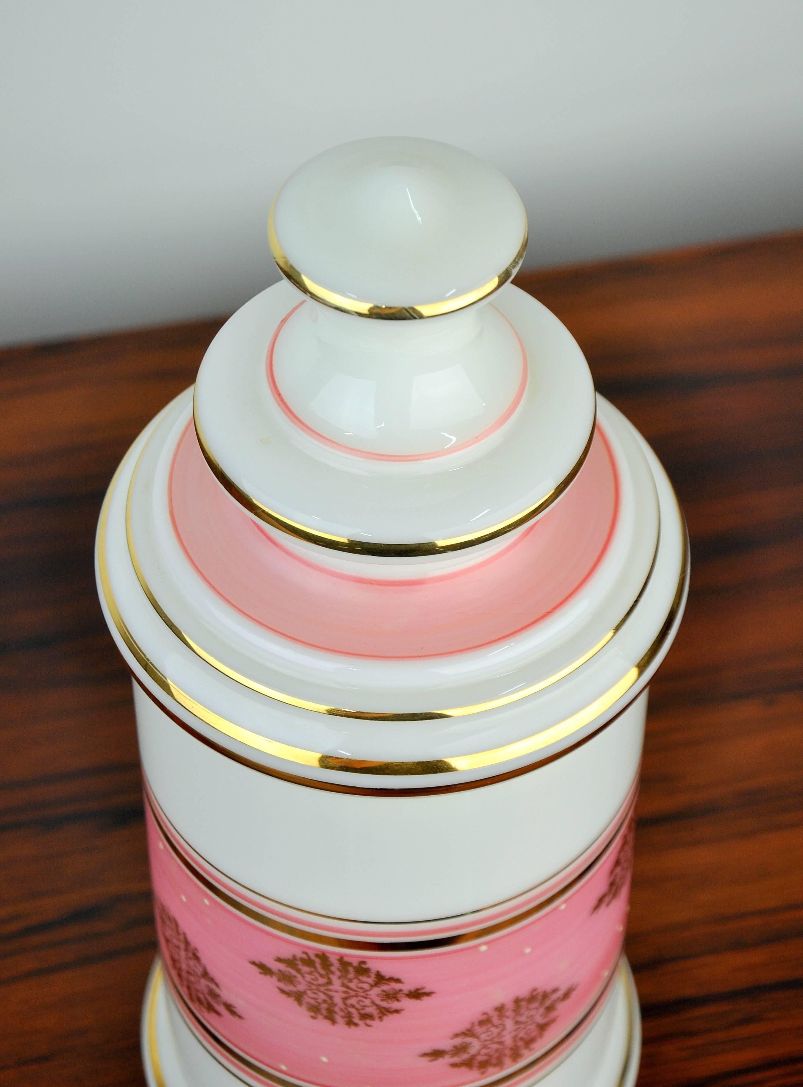 French Tall Baccarat Pink, White and Gilt Opaline Glass Vanity Jar