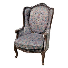 Tall Back Carved Walnut French Louis XVI Bergère Wing Chair, Circa 1920