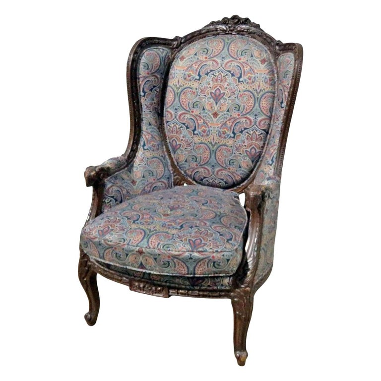 Tall Back Carved Walnut French Louis XVI Bergère Wing Chair, Circa 1920 For Sale at 1stDibs