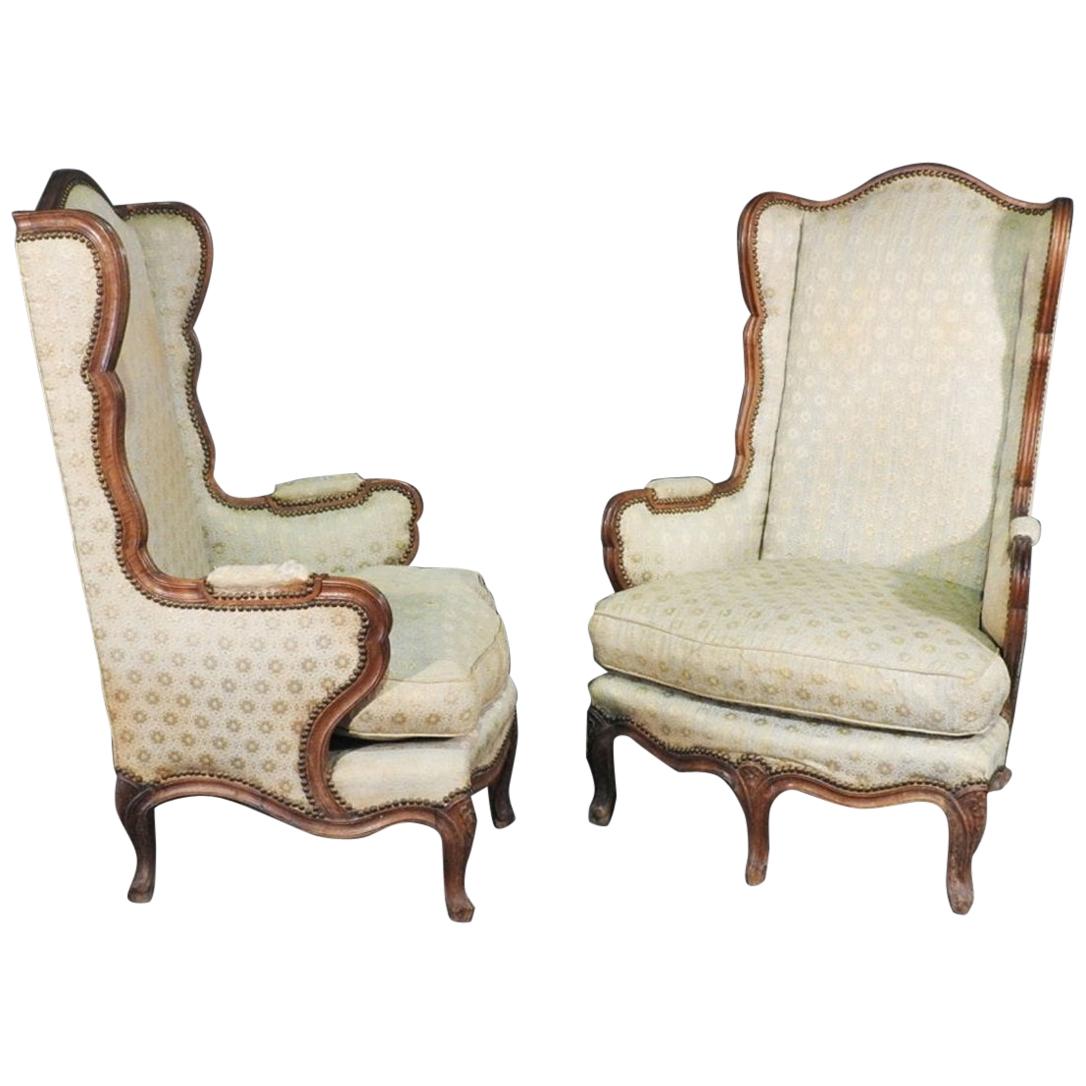 Tall Back French Louis XV Walnut 5-Leg Occasional Lounge Chairs, circa 1900 Pair
