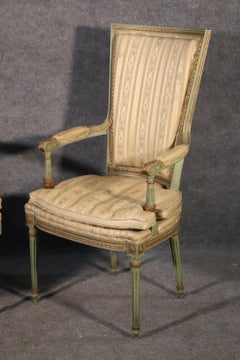 Tall Back French Louis XVI Green and Gold Paint Decorated Armchairs Fautueils