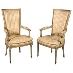 Tall Back French Louis XVI Green and Gold Paint Decorated Armchairs Fautueils