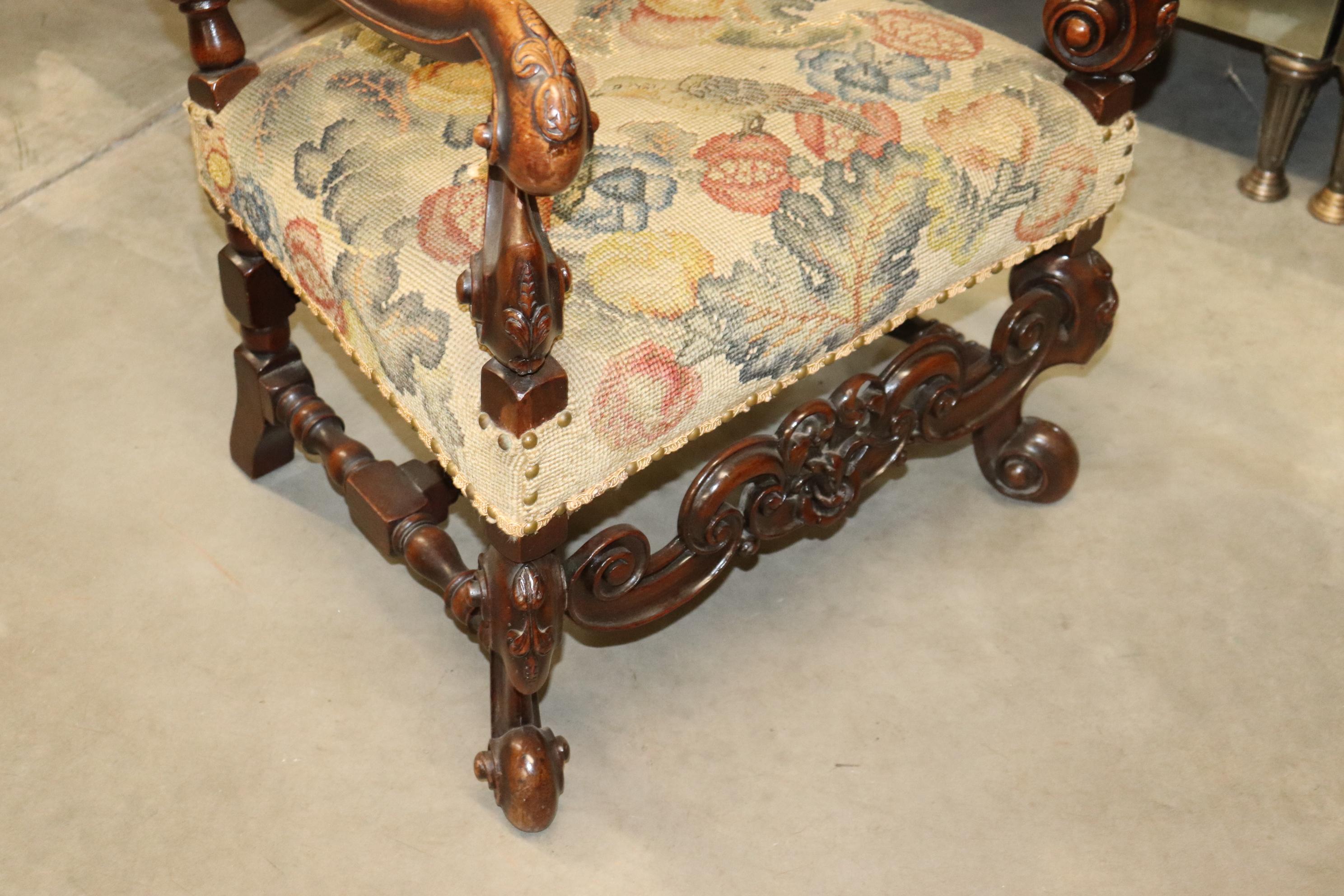 Tall Back Needlepoint and Petit Point Carved Walnut French Louis XV Armchair In Good Condition For Sale In Swedesboro, NJ