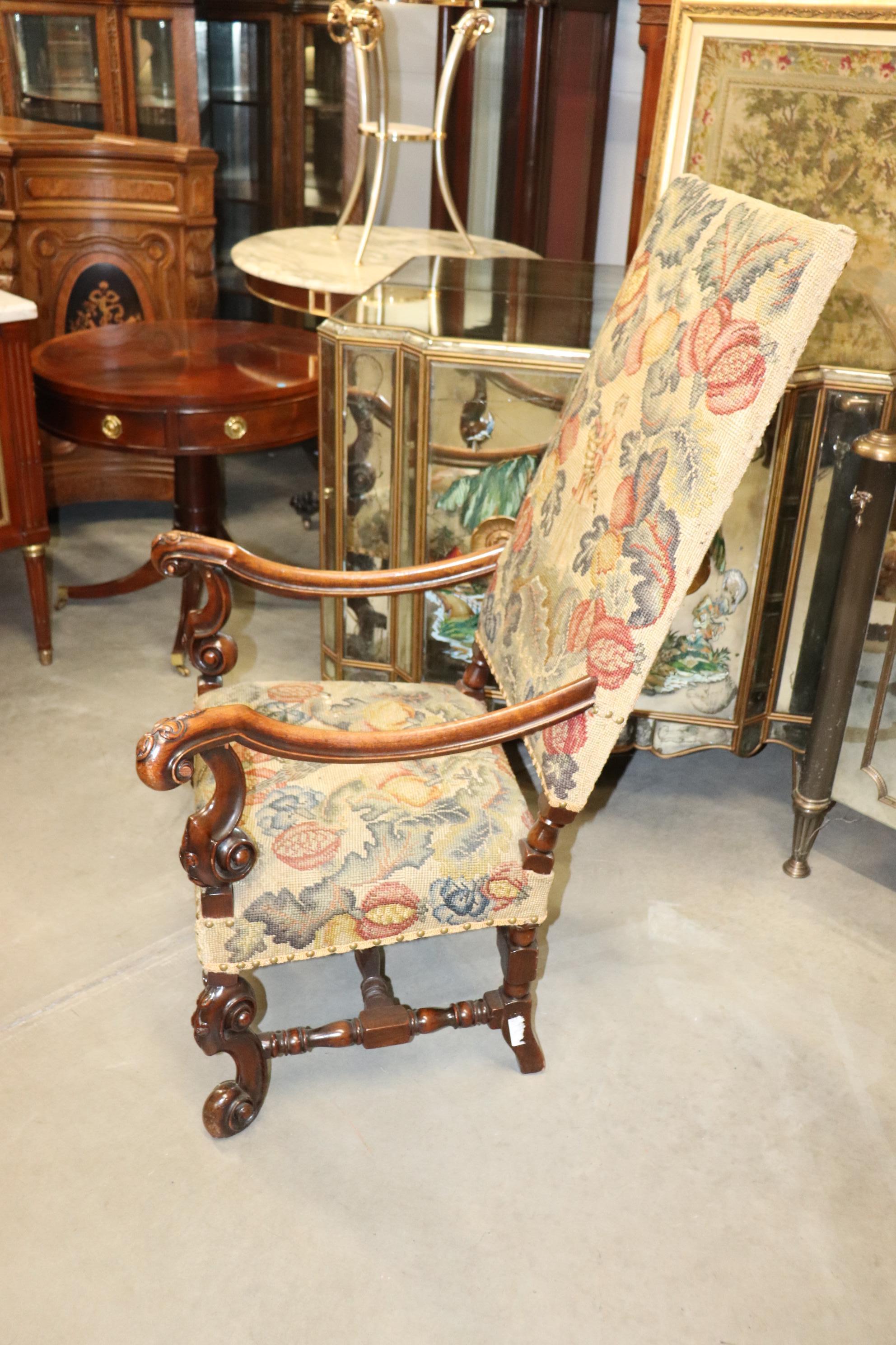 Late 19th Century Tall Back Needlepoint and Petit Point Carved Walnut French Louis XV Armchair For Sale
