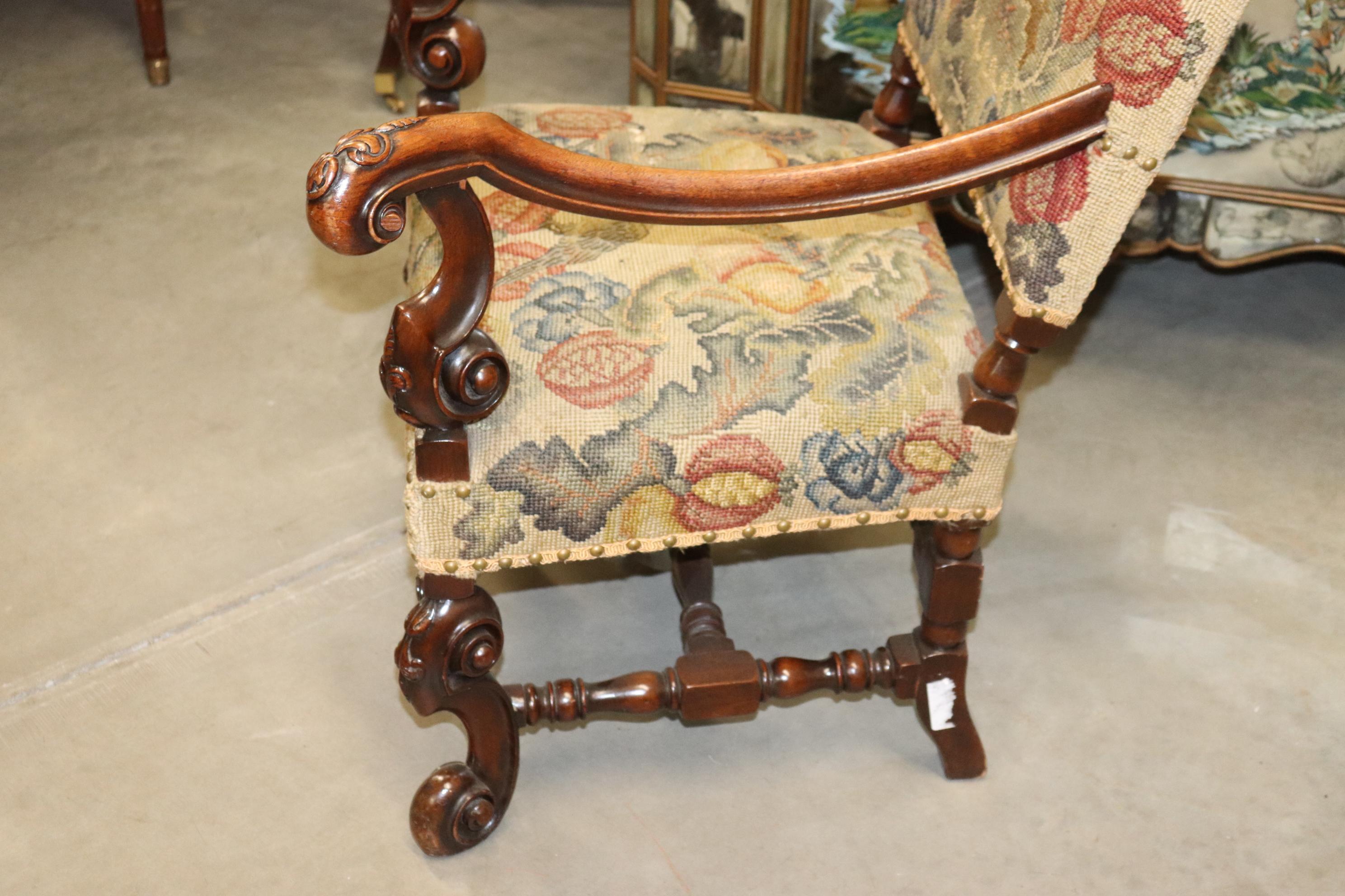 Tall Back Needlepoint and Petit Point Carved Walnut French Louis XV Armchair For Sale 1