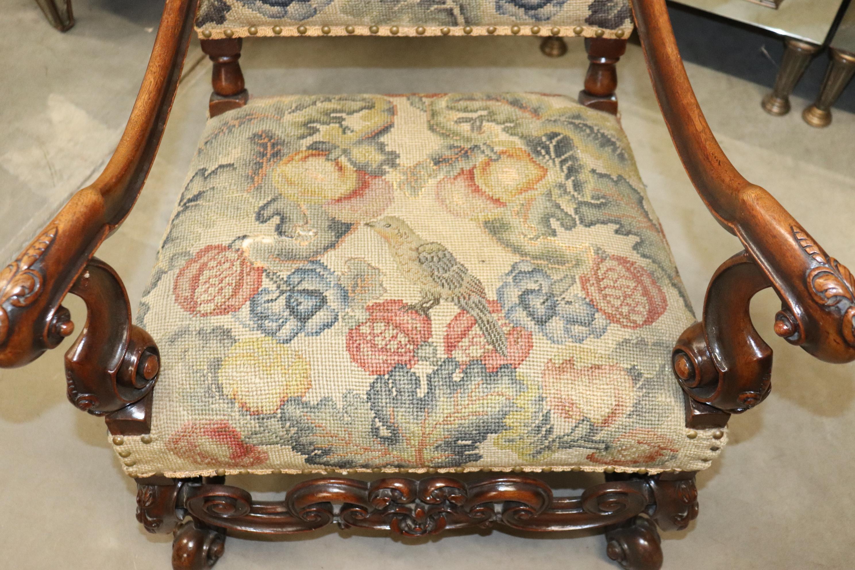 Tall Back Needlepoint and Petit Point Carved Walnut French Louis XV Armchair For Sale 2